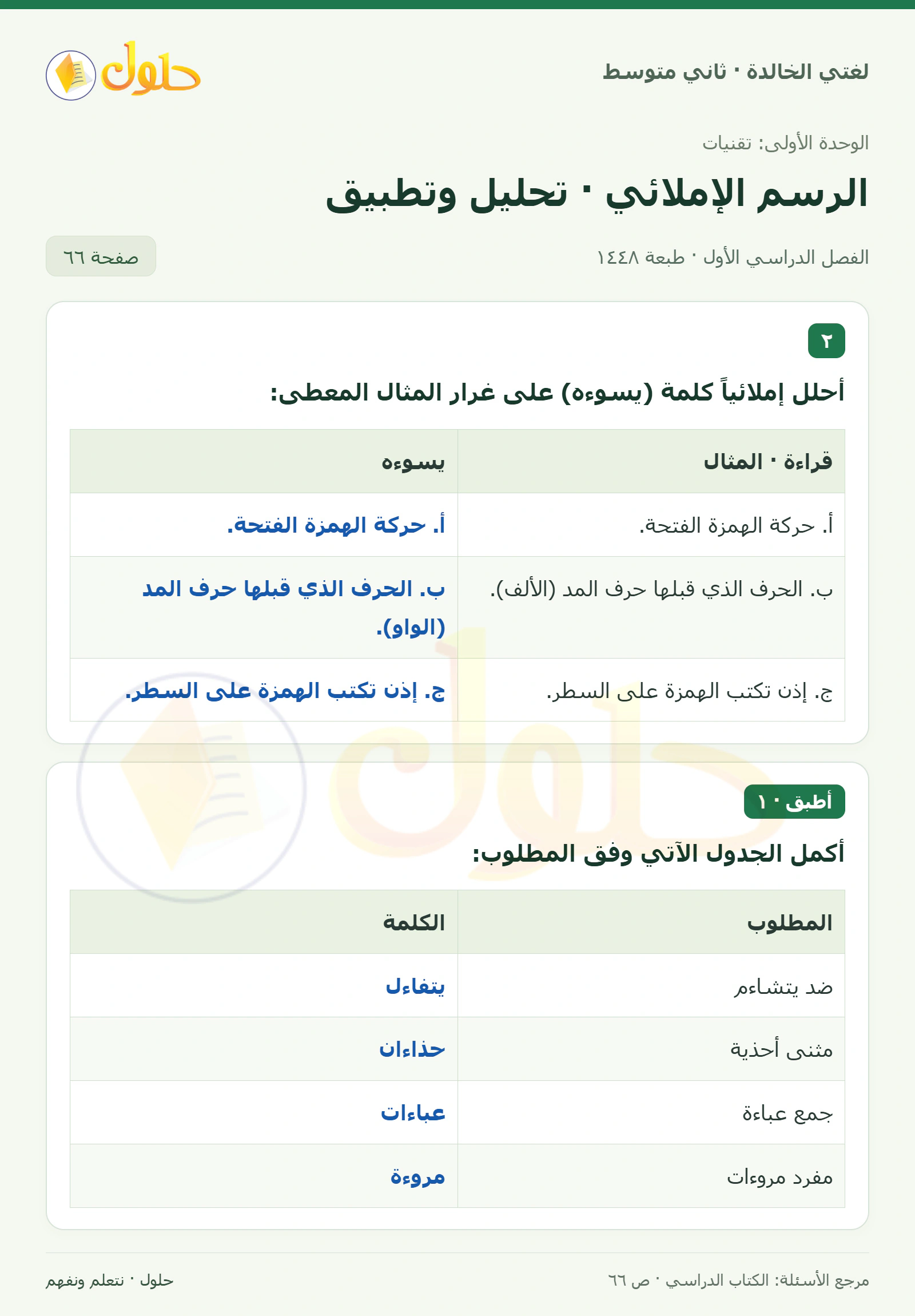 حل لغتي الخالدة للصف الثاني المتوسط صفحة 66