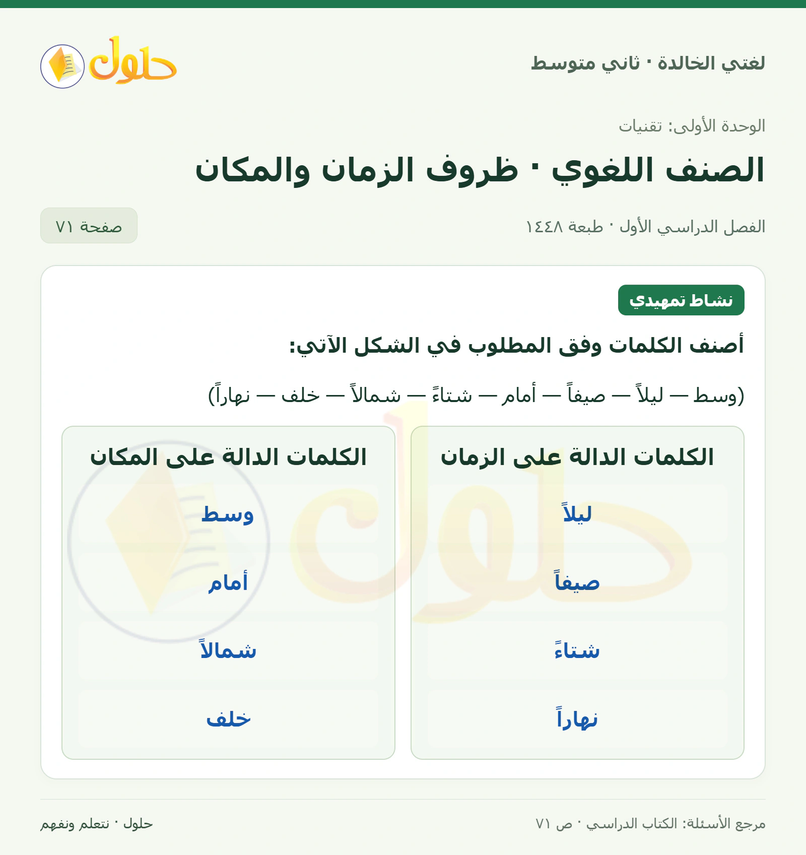 حل لغتي الخالدة للصف الثاني المتوسط صفحة 71
