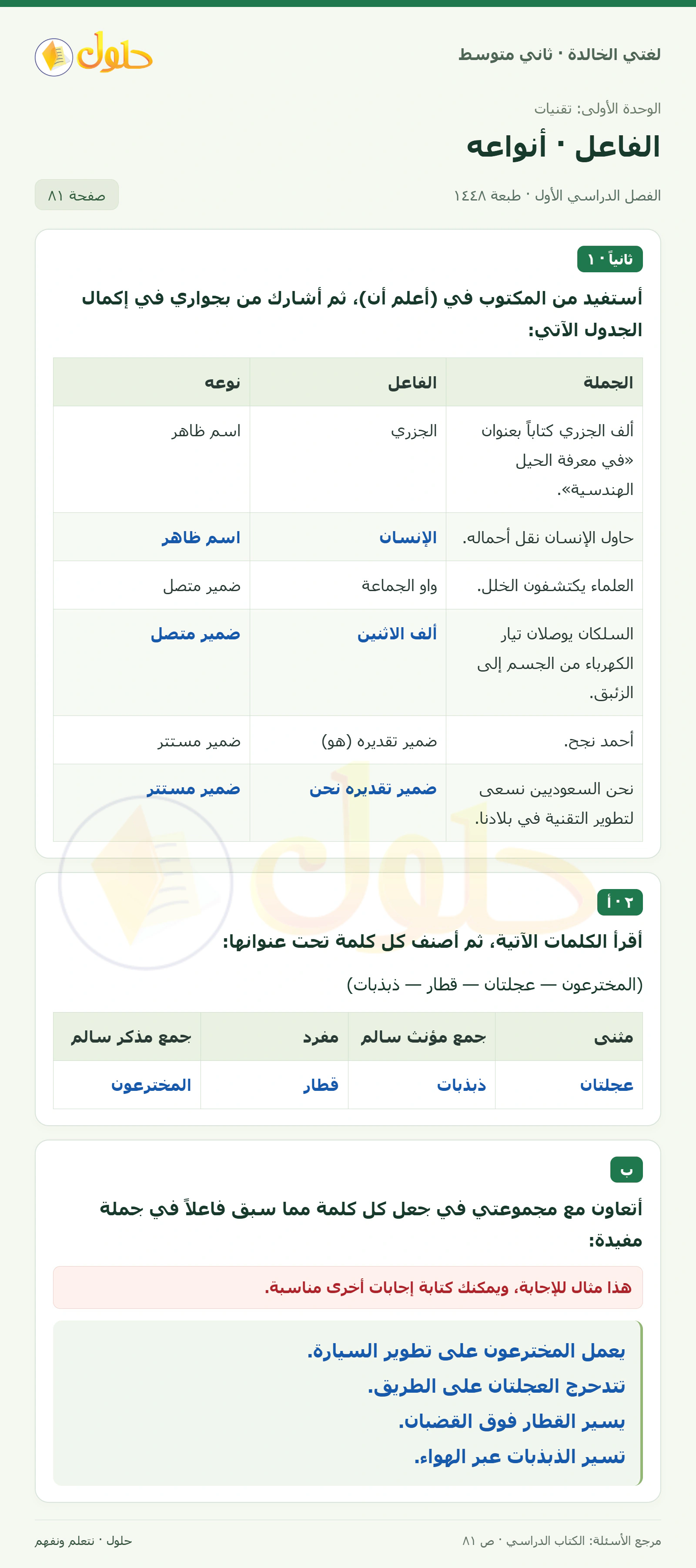 حل لغتي الخالدة للصف الثاني المتوسط صفحة 81