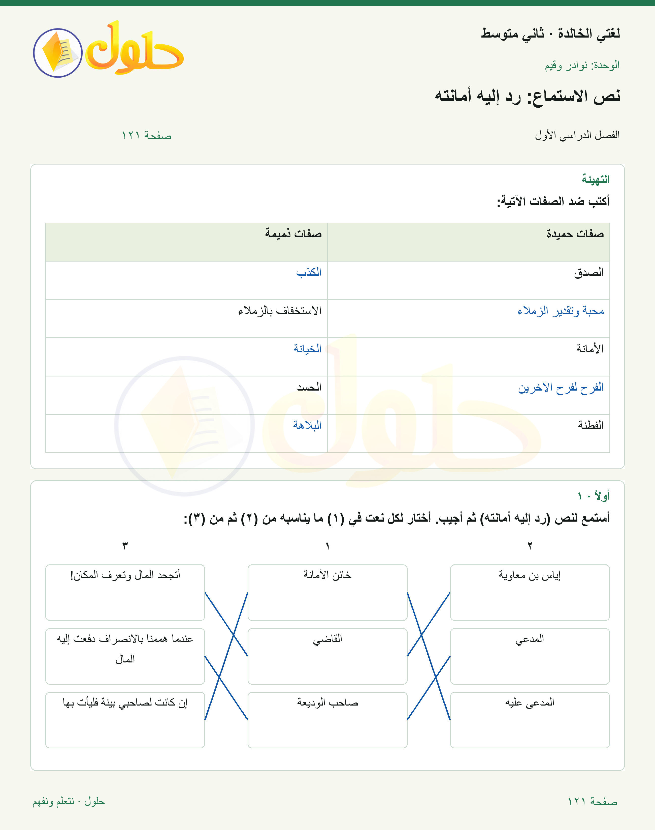 حل لغتي الخالدة للصف الثاني المتوسط صفحة 121