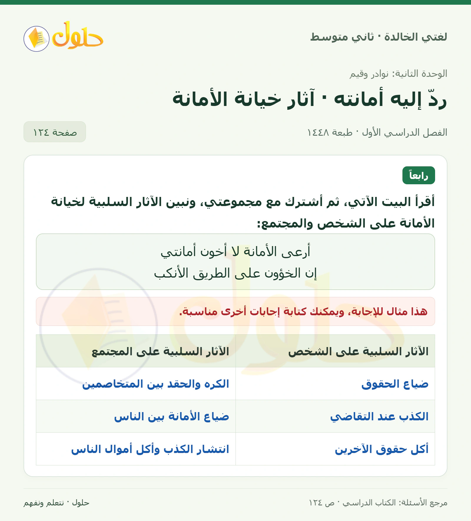 حل لغتي الخالدة للصف الثاني المتوسط صفحة 124