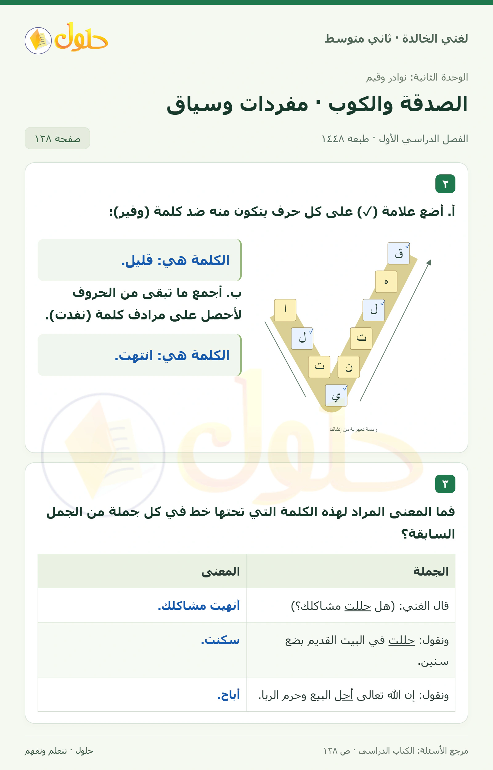 حل لغتي الخالدة للصف الثاني المتوسط صفحة 128