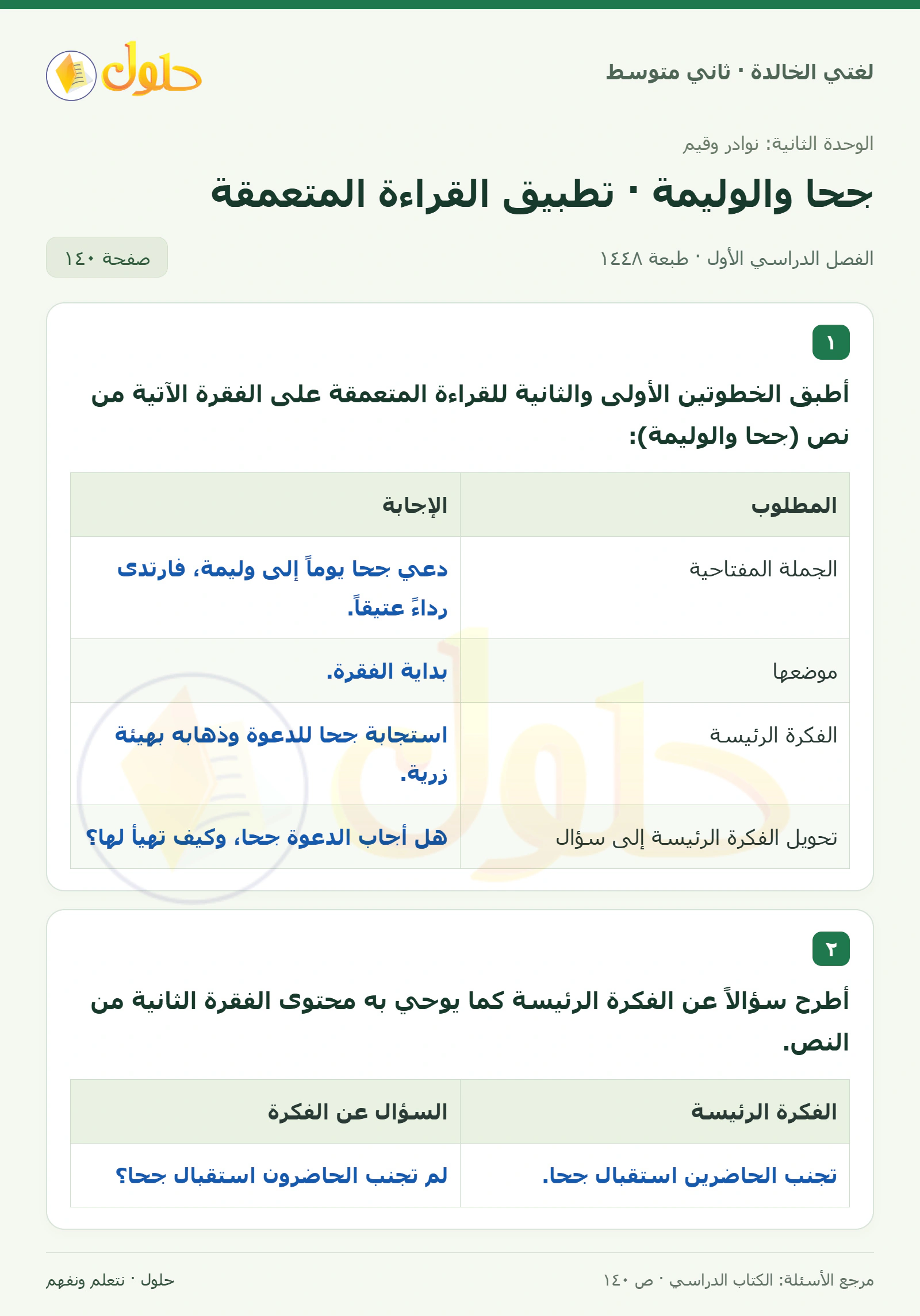 حل لغتي الخالدة للصف الثاني المتوسط صفحة 140