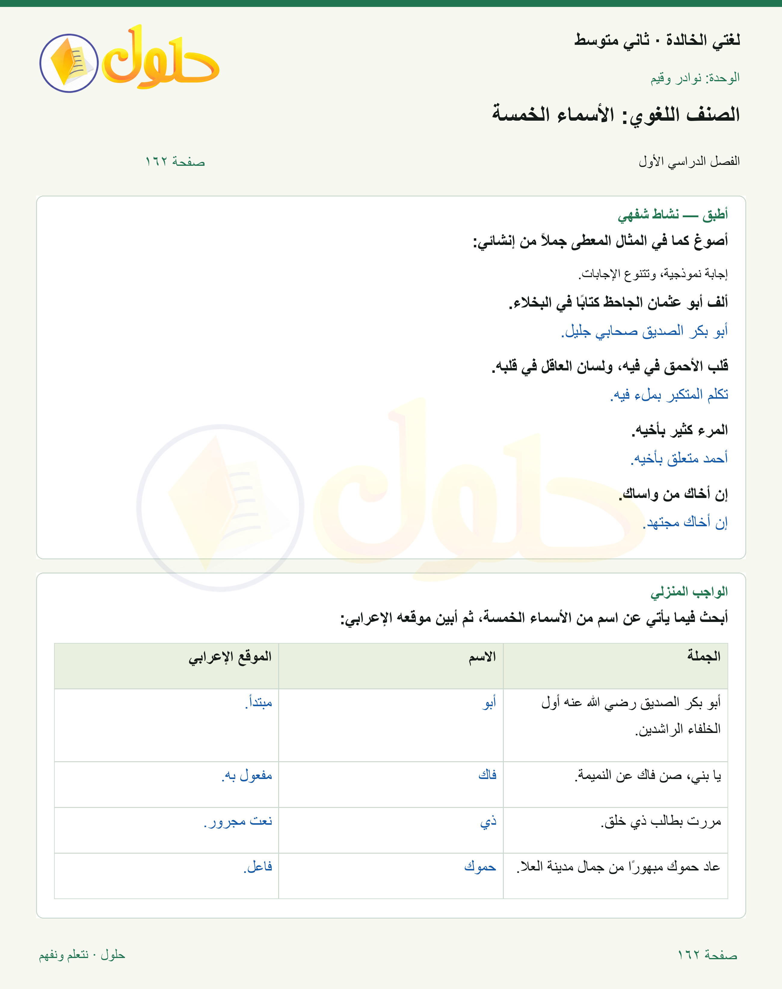 حل لغتي الخالدة للصف الثاني المتوسط صفحة 162