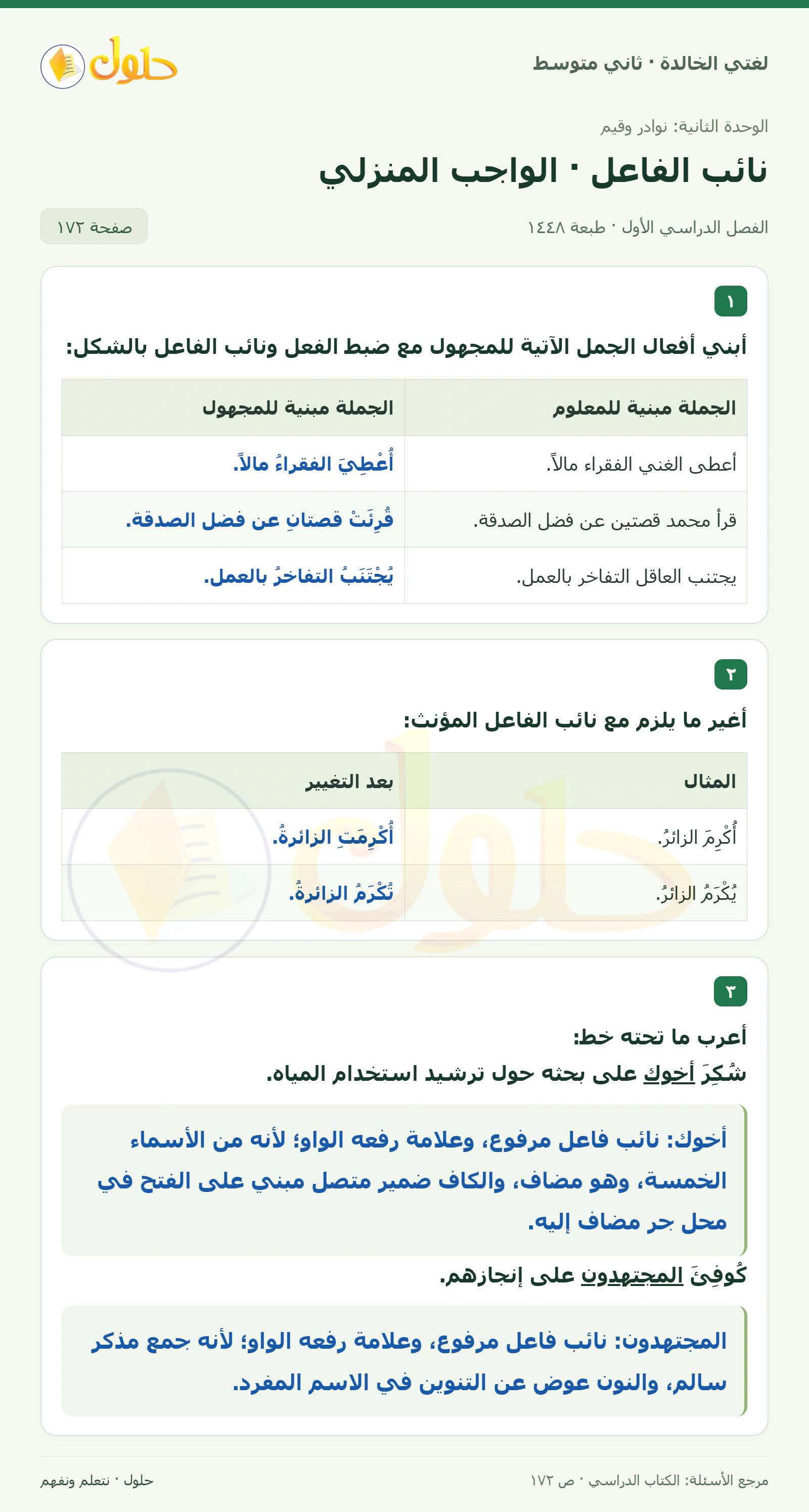 حل لغتي الخالدة للصف الثاني المتوسط صفحة 172