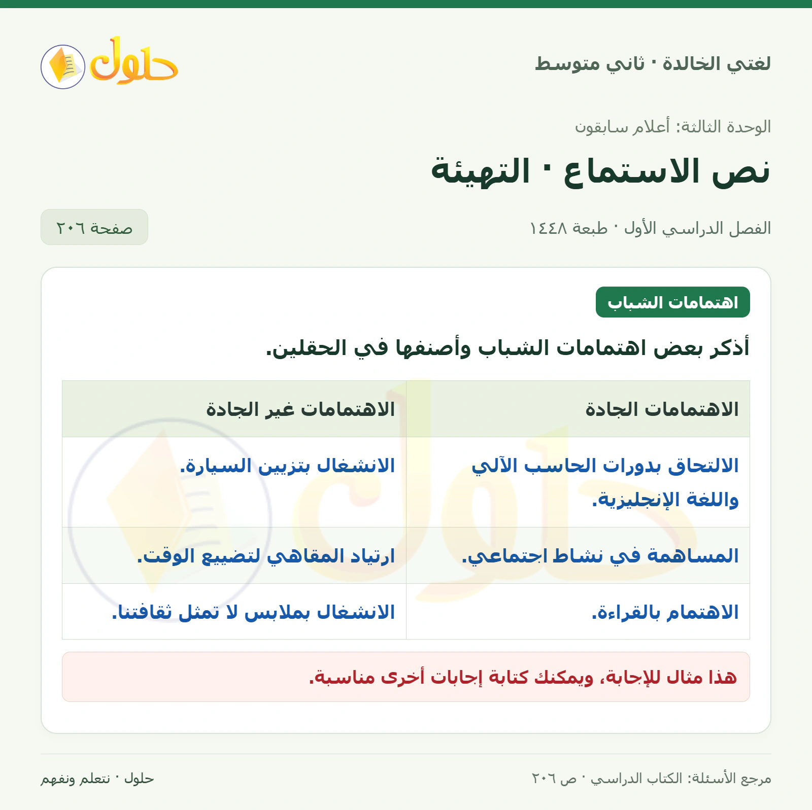 حل لغتي الخالدة للصف الثاني المتوسط صفحة 206