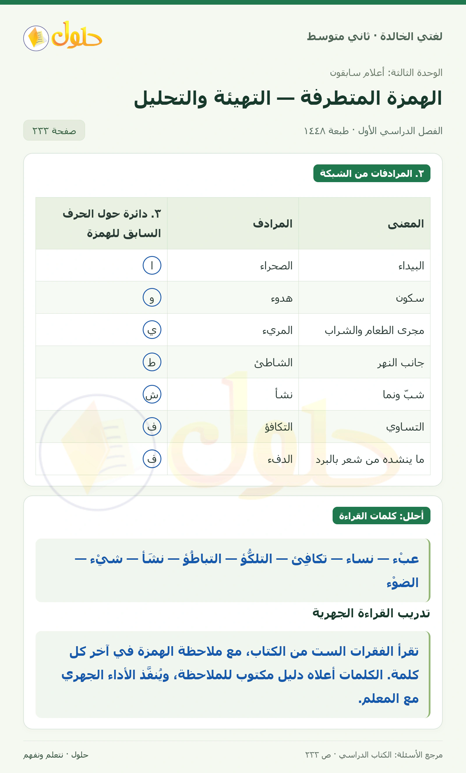 حل لغتي الخالدة للصف الثاني المتوسط صفحة 233