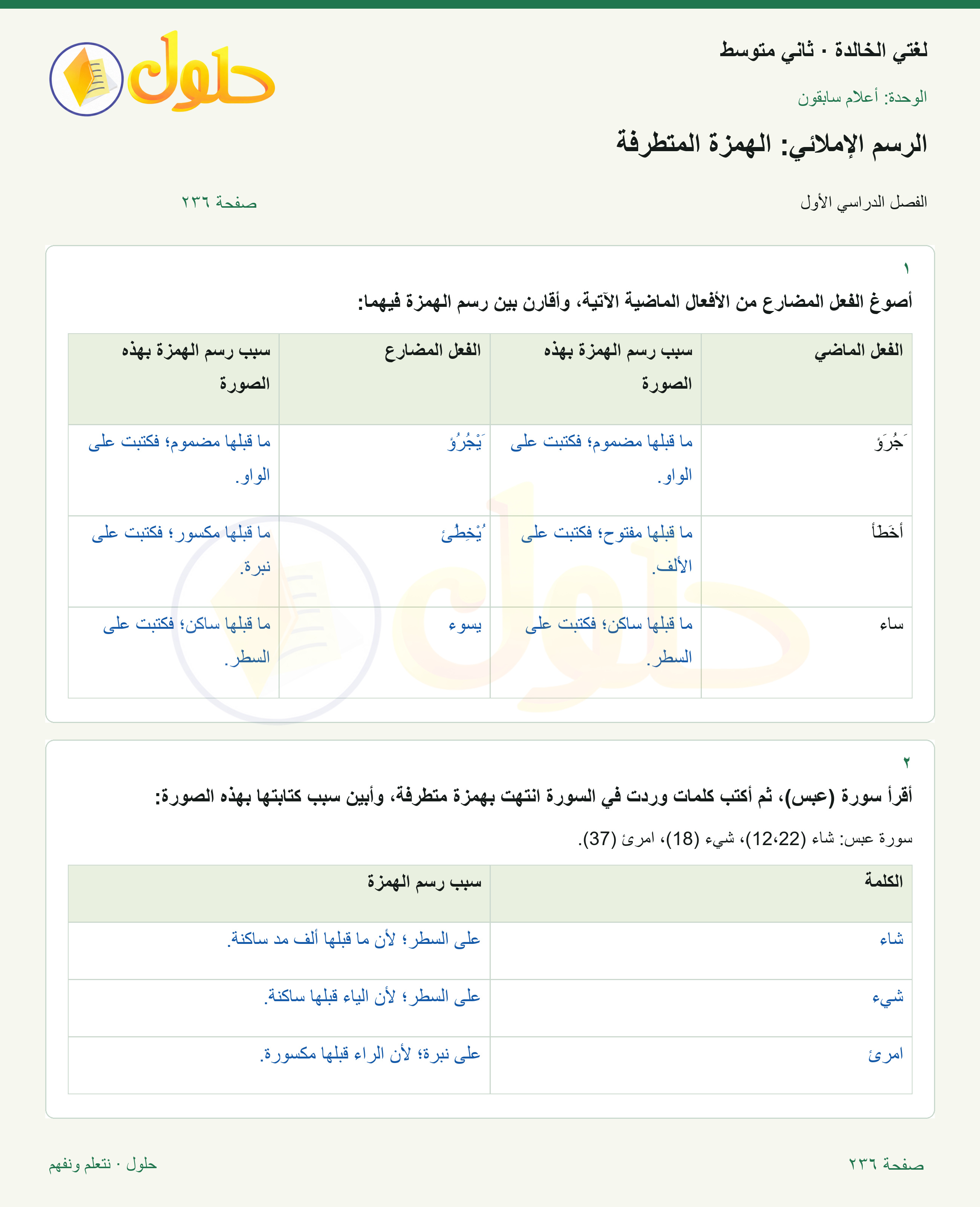 حل لغتي الخالدة للصف الثاني المتوسط صفحة 236