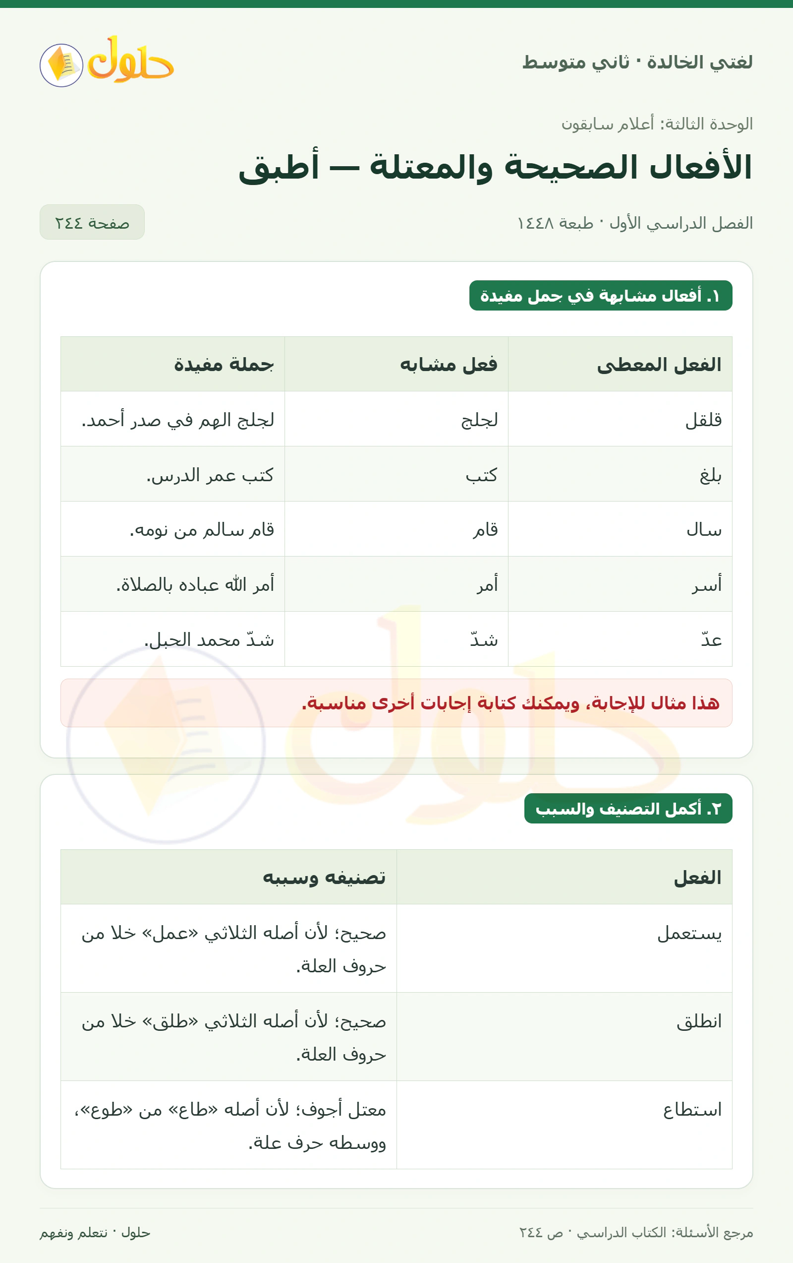 حل لغتي الخالدة للصف الثاني المتوسط صفحة 244