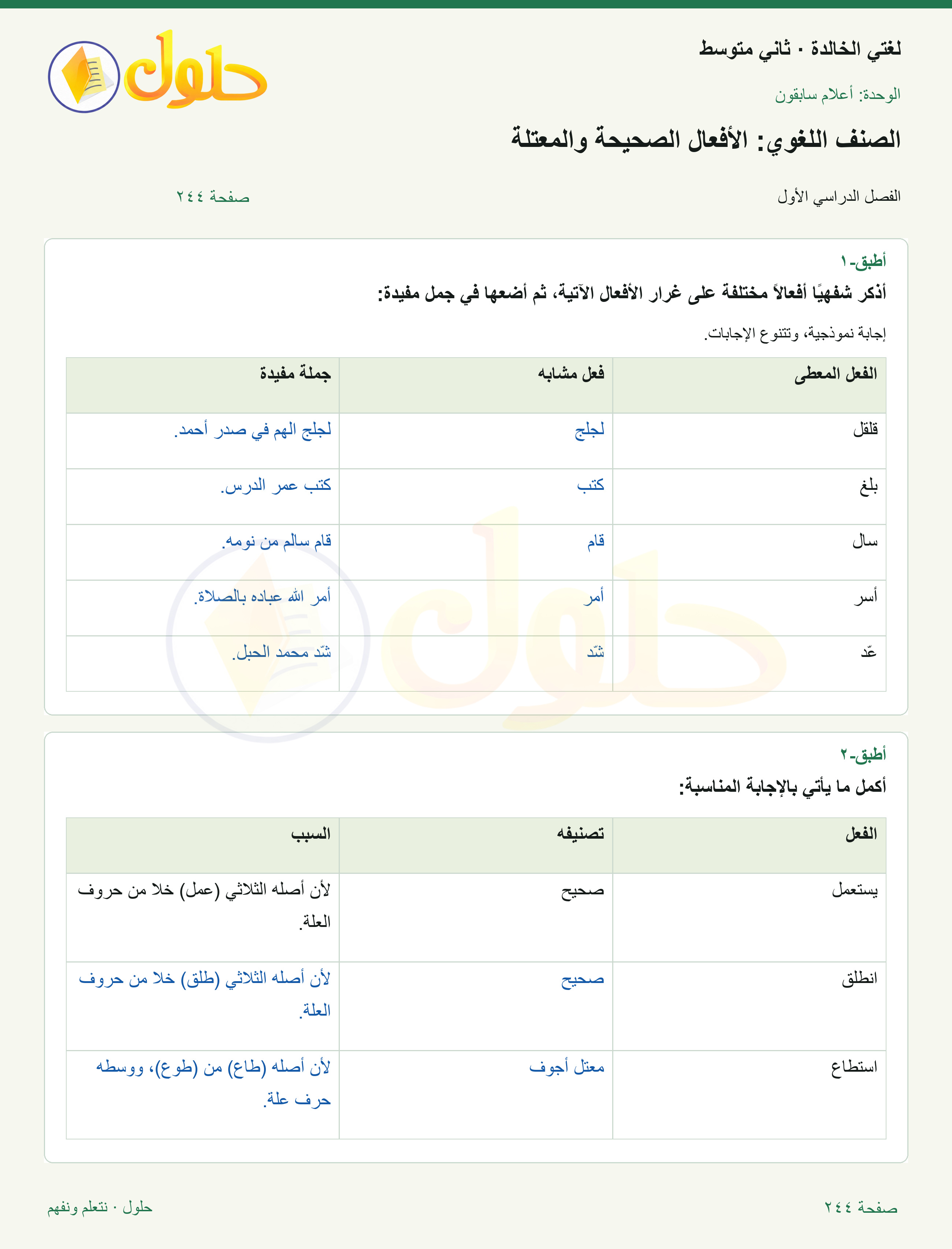 حل لغتي الخالدة للصف الثاني المتوسط صفحة 244