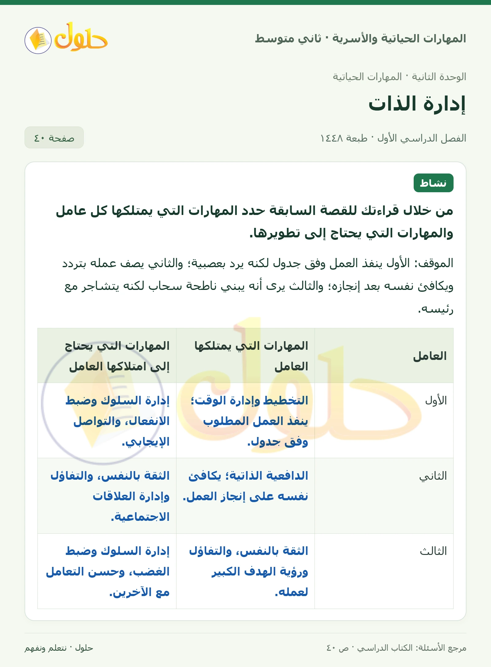 حل المهارات الحياتية والأسرية للصف الثاني المتوسط صفحة 40