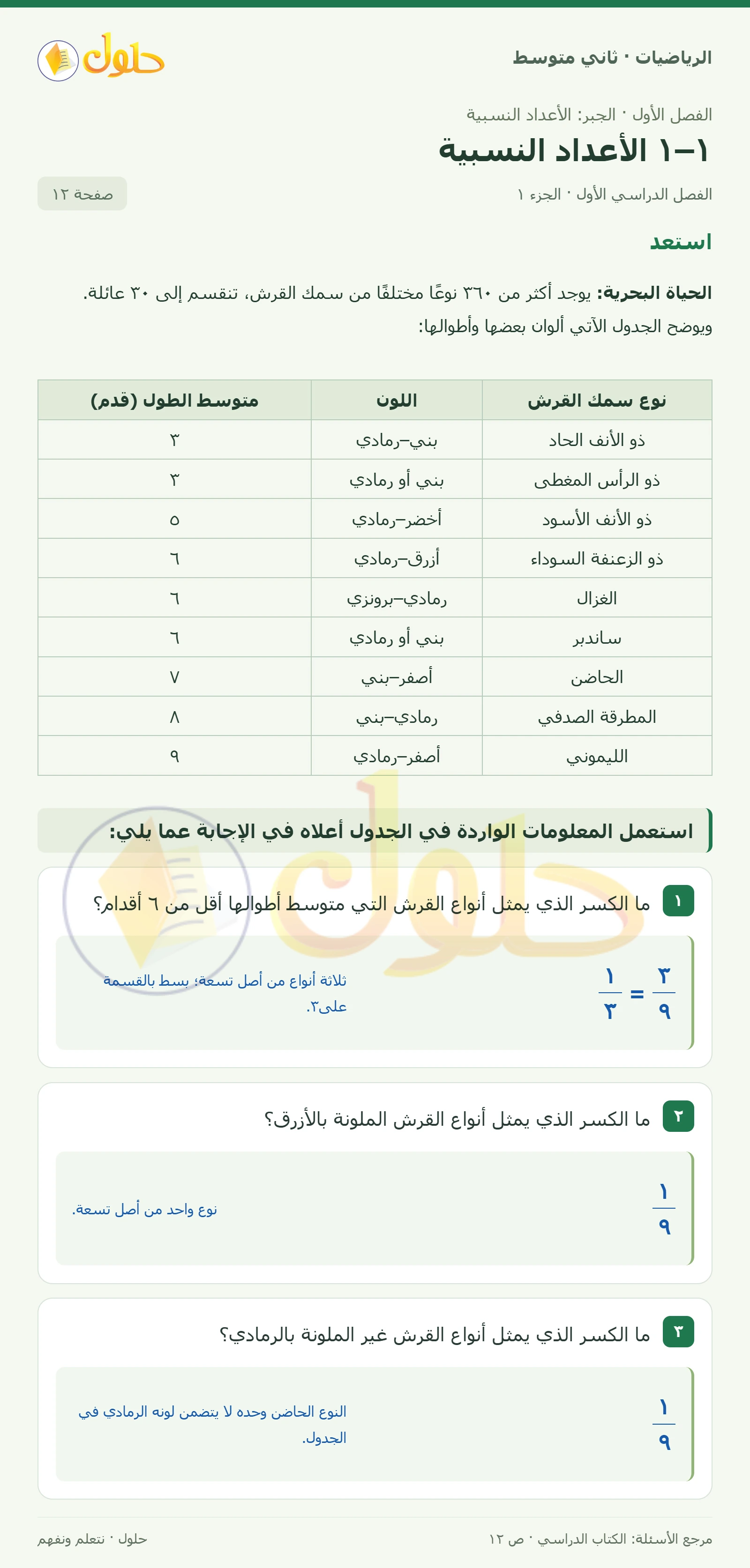 حل رياضيات ثاني متوسط الفصل الأول صفحة ١٢ الجزء ١