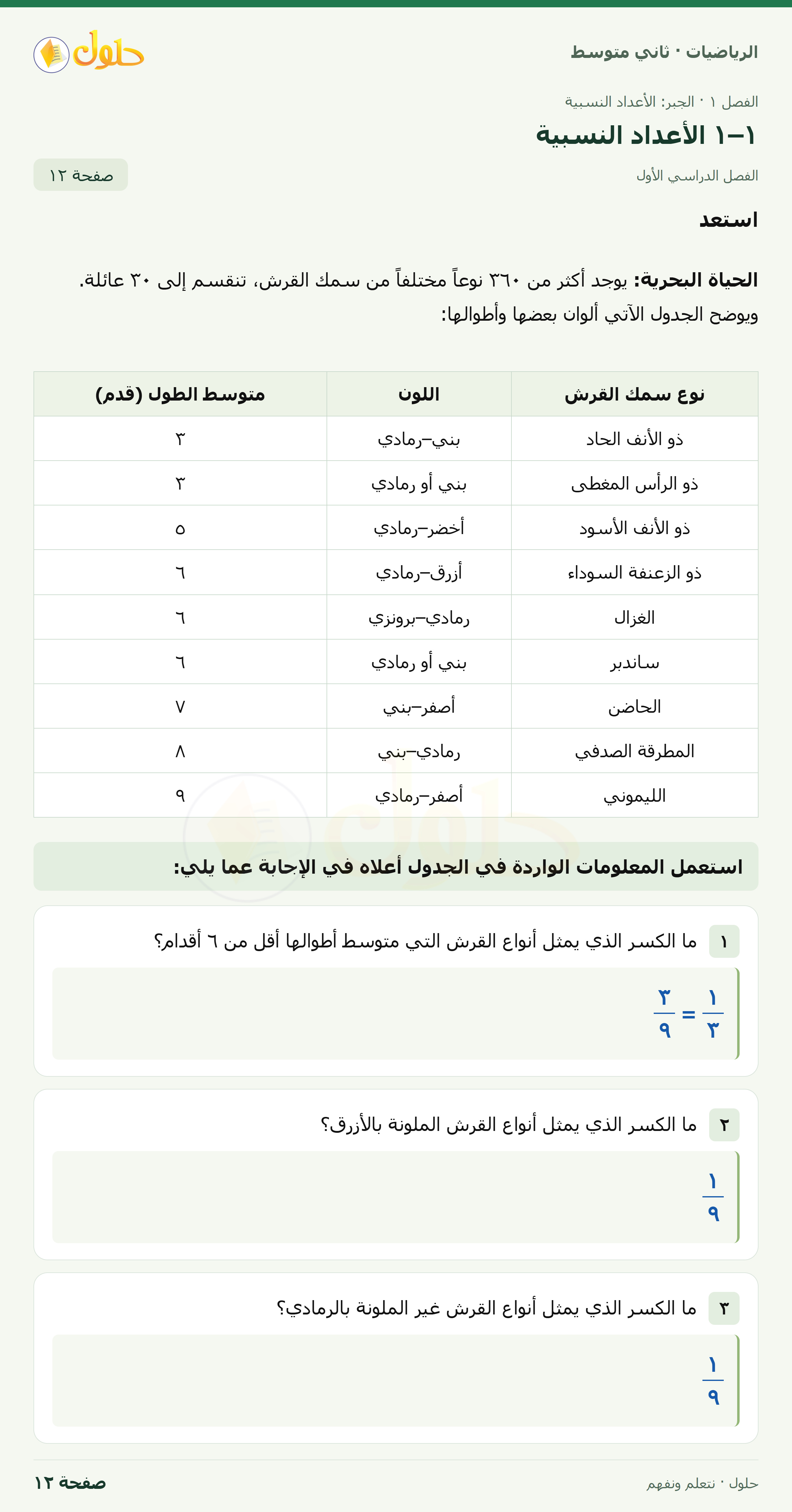 رياضيات ثاني متوسط الفصل الأول صفحة ١٢ الجزء ١