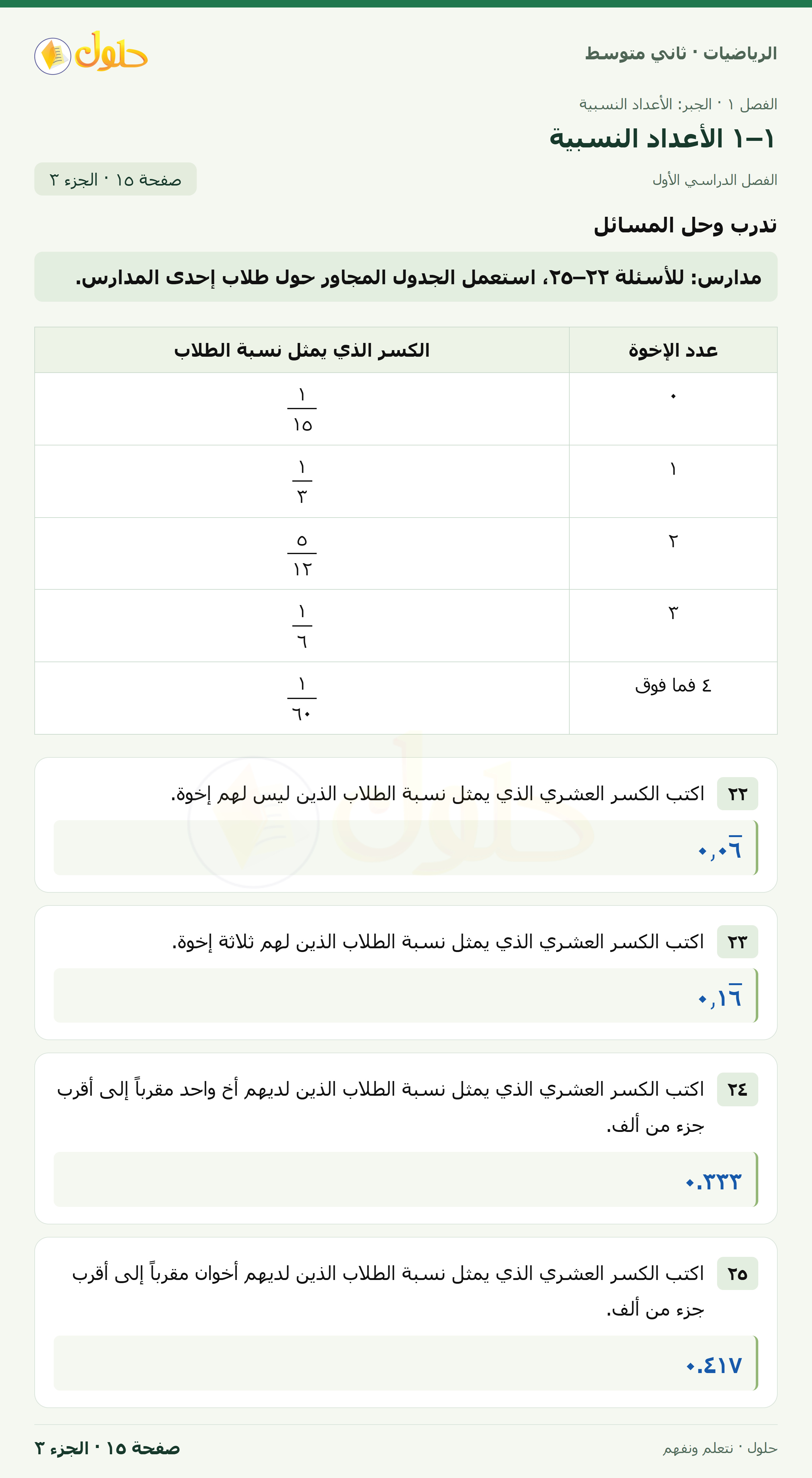 رياضيات ثاني متوسط الفصل الأول صفحة ١٥ الجزء ٣