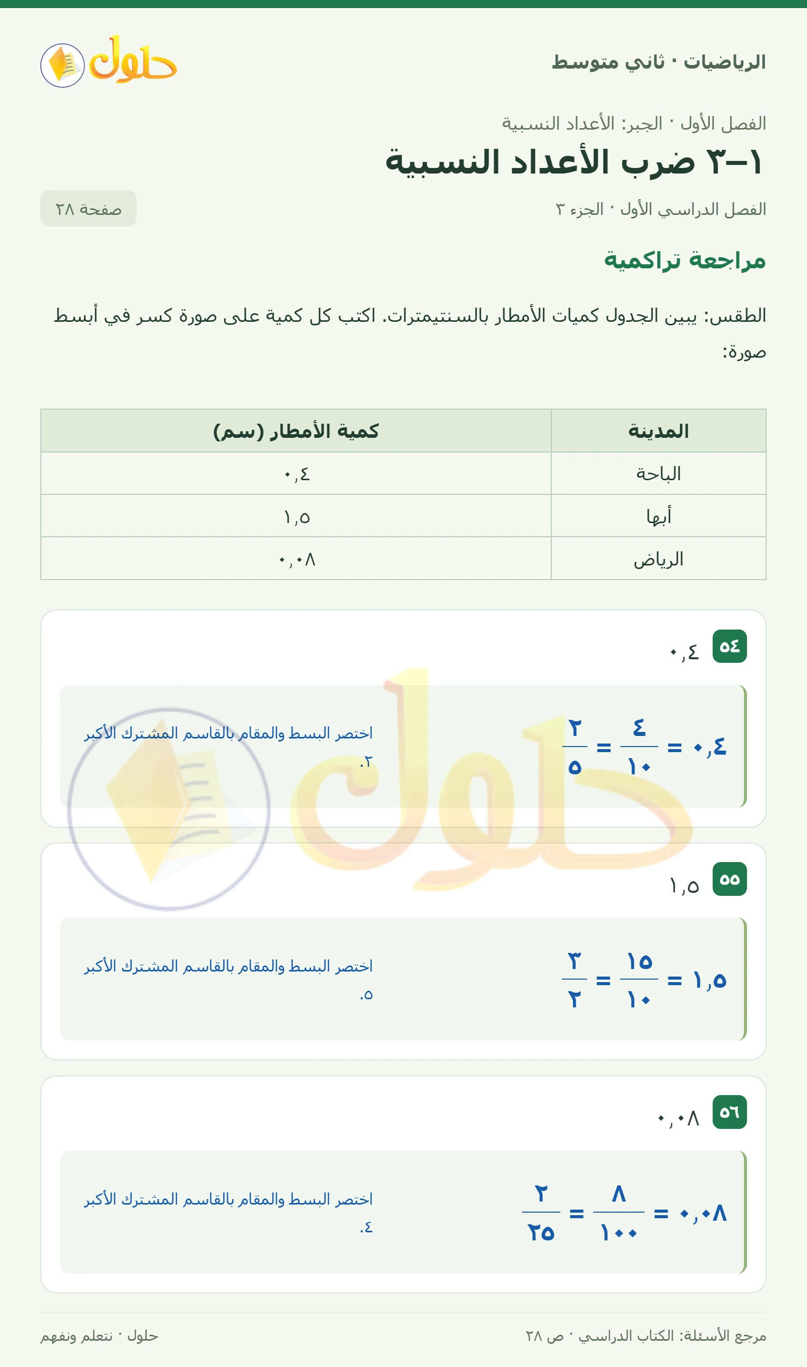 حل رياضيات ثاني متوسط الفصل الأول صفحة ٢٨ الجزء ٣