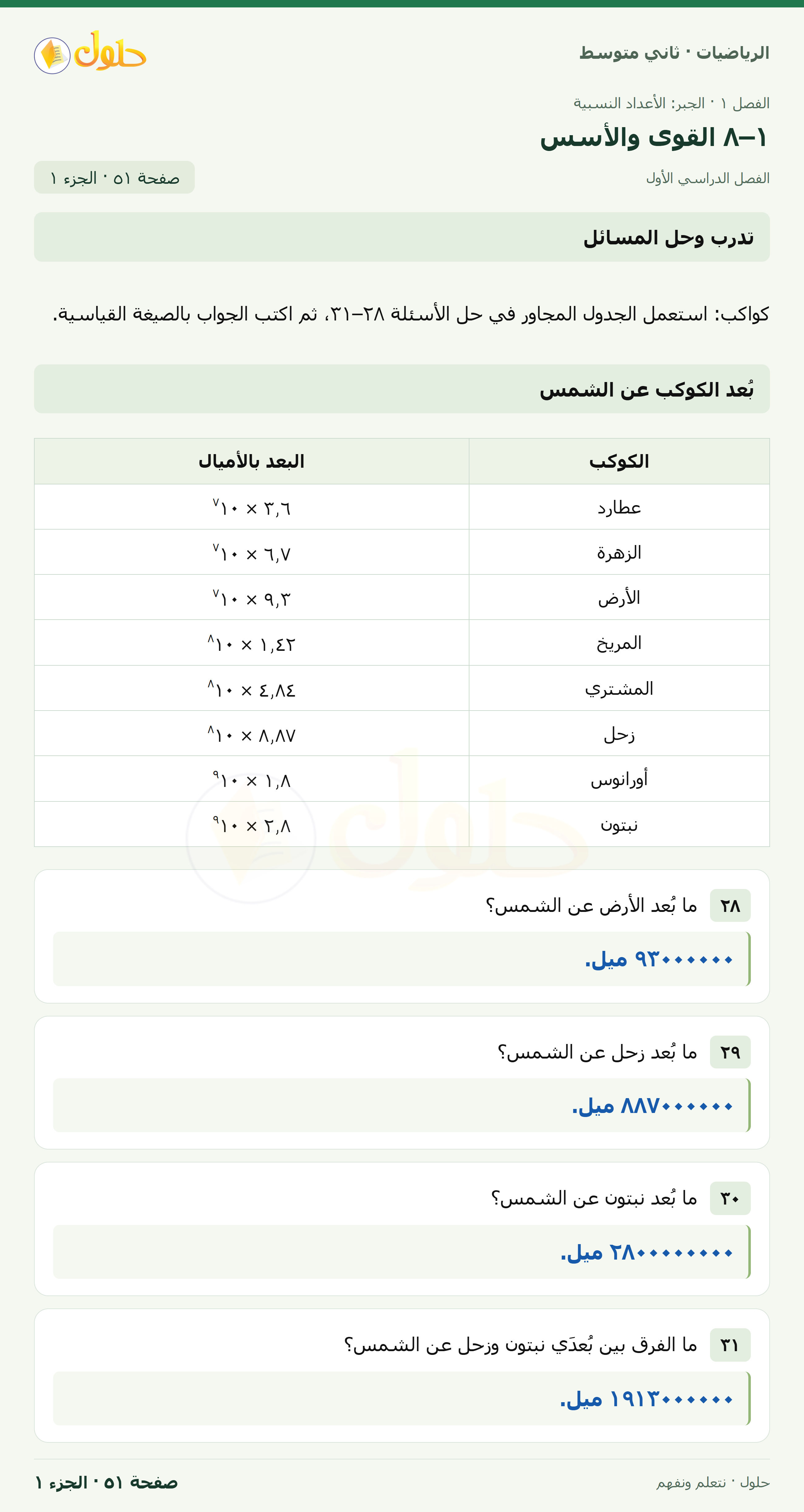 رياضيات ثاني متوسط الفصل الأول صفحة ٥١ الجزء ١