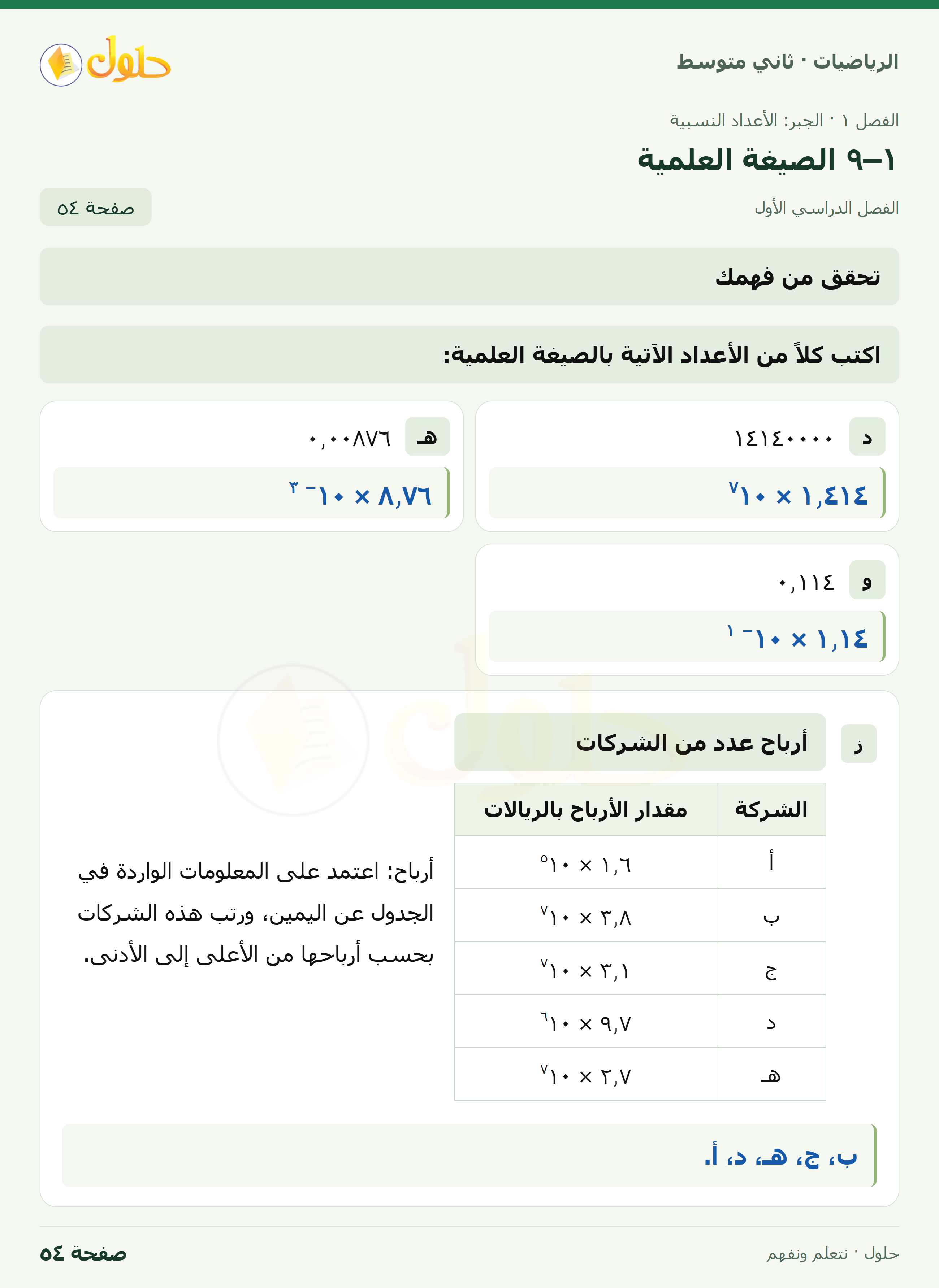 رياضيات ثاني متوسط الفصل الأول صفحة ٥٤ الجزء ١
