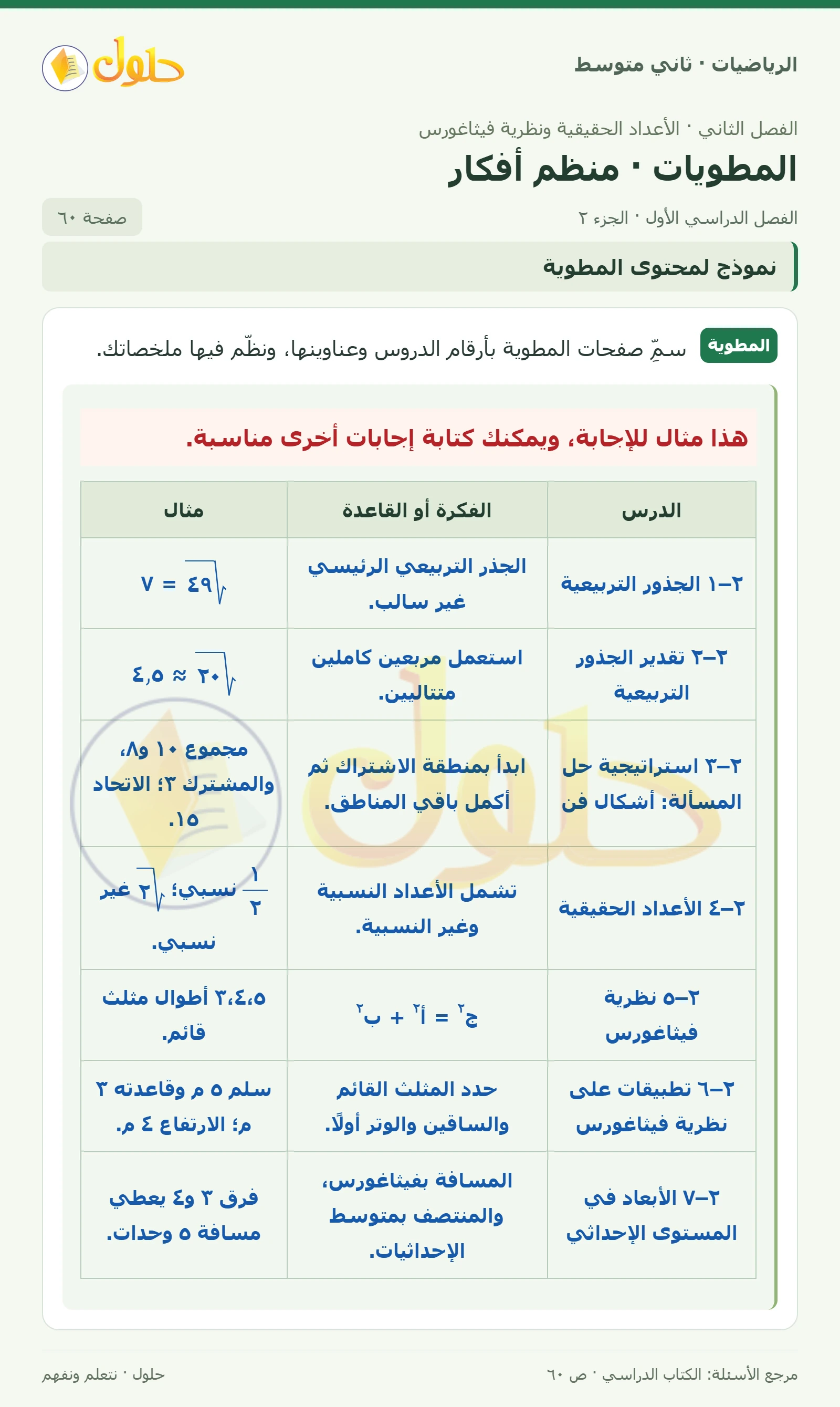 حل رياضيات ثاني متوسط الفصل الأول صفحة ٦٠ الجزء ٢