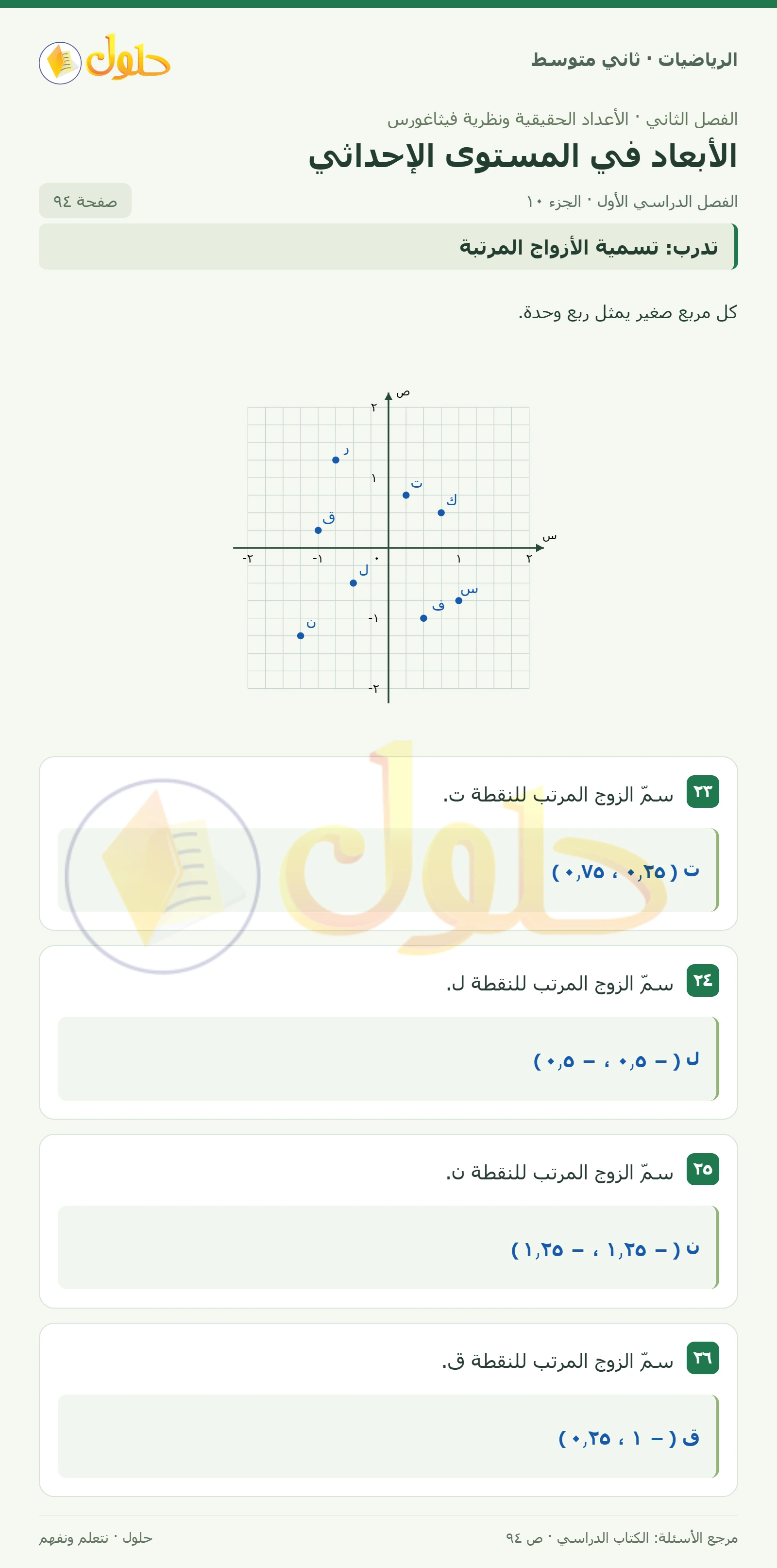 حل رياضيات ثاني متوسط الفصل الأول صفحة ٩٤ الجزء ١٠