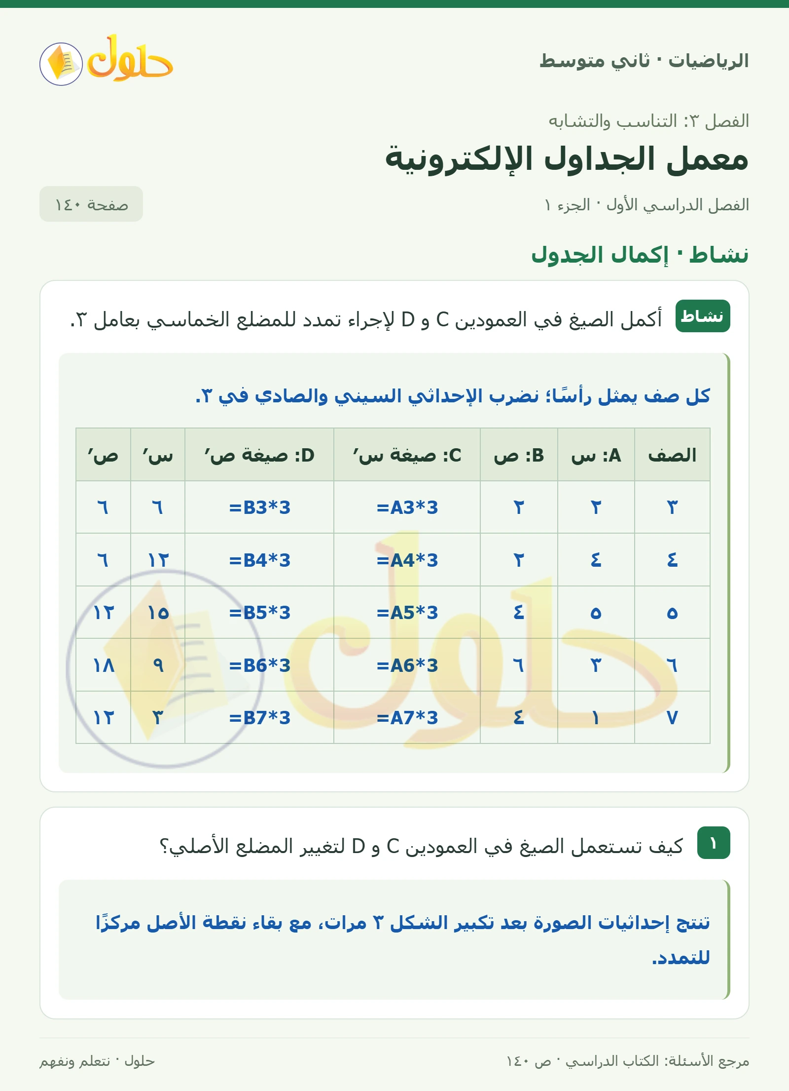 حل رياضيات ثاني متوسط الفصل الأول صفحة ١٤٠ الجزء ١