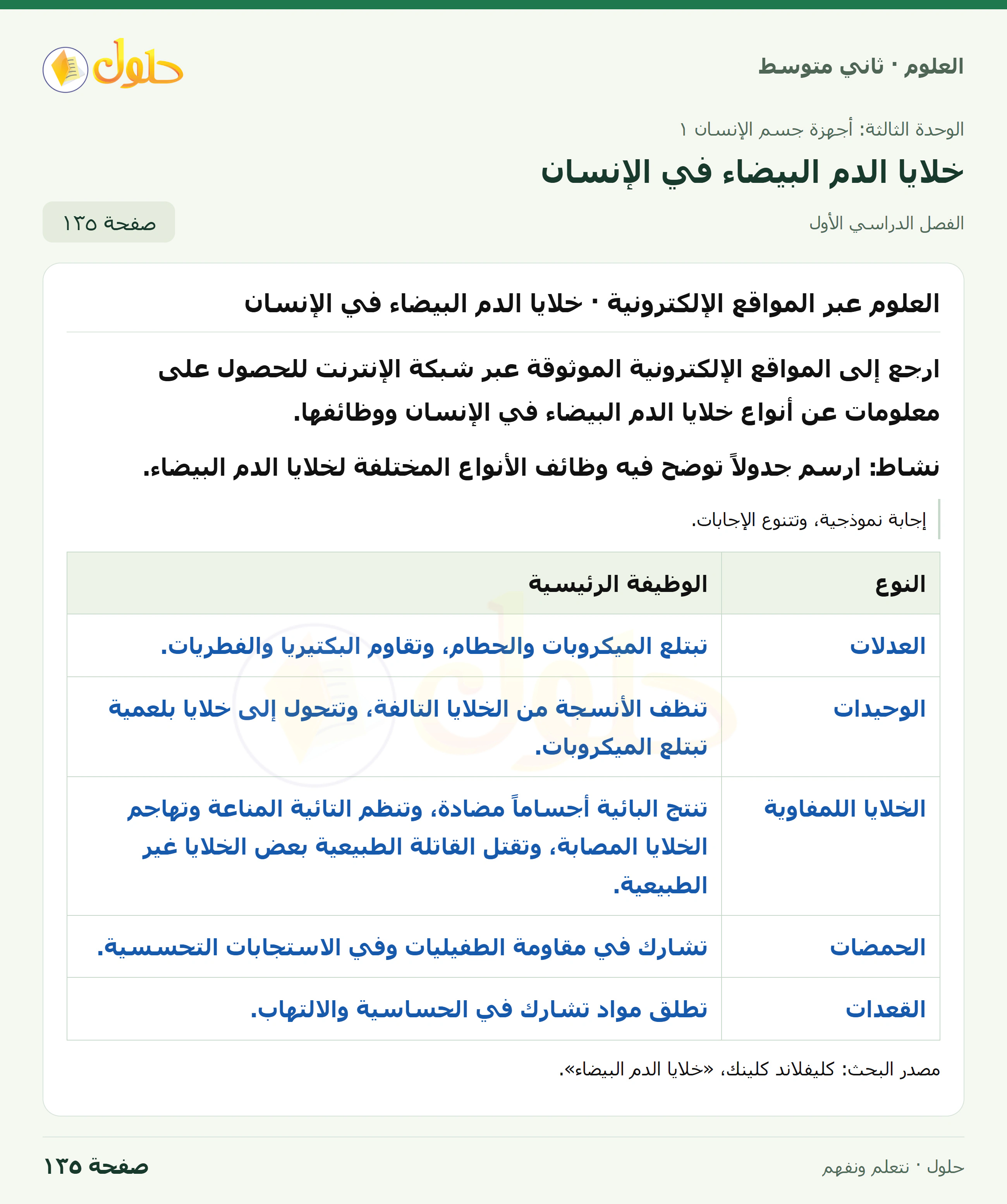 حل علوم الصف الثاني المتوسط صفحة 135 الجزء 1