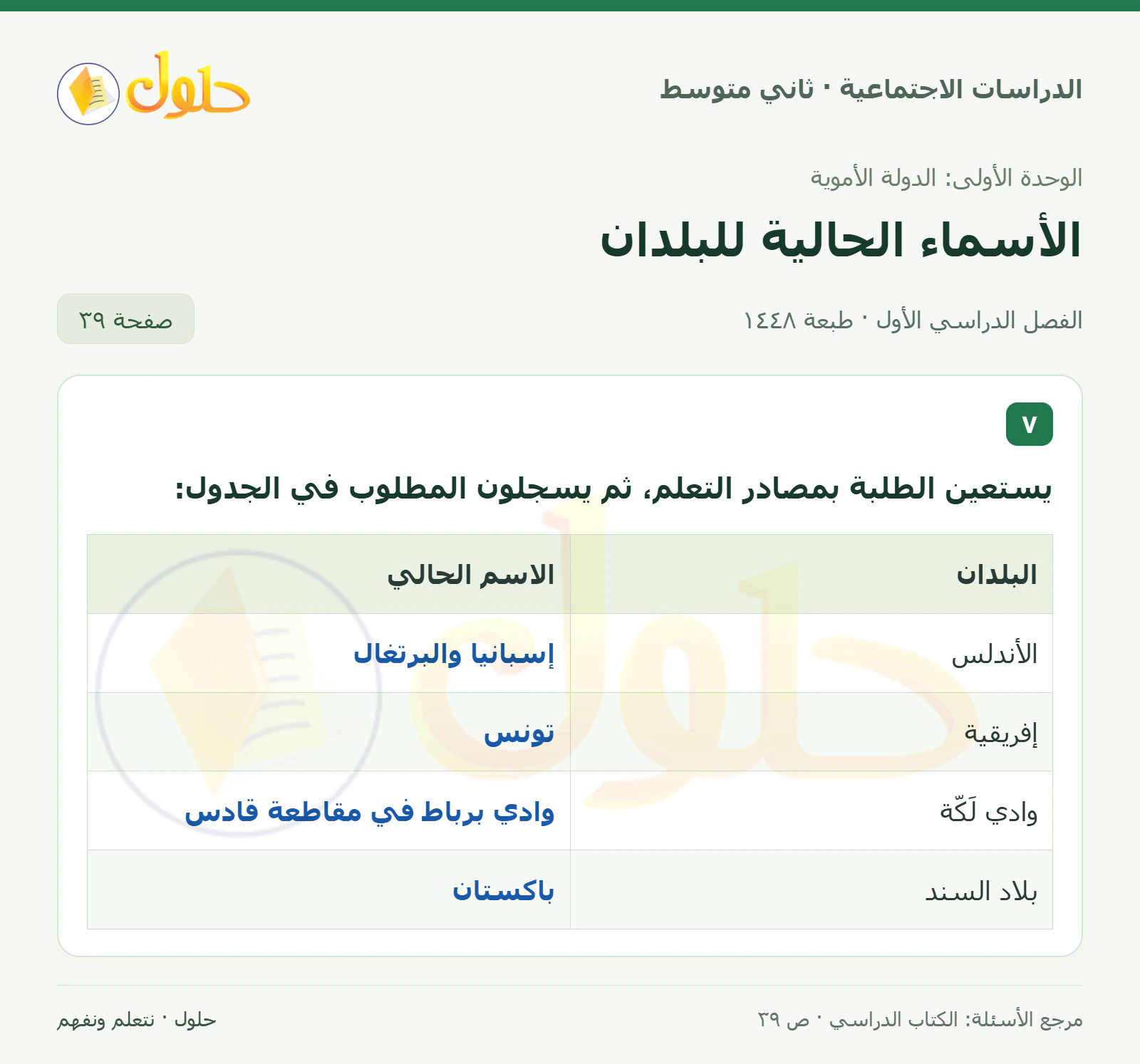 حل الدراسات الاجتماعية للصف الثاني المتوسط، الفصل الدراسي الأول، صفحة ٣٩، الجزء ١