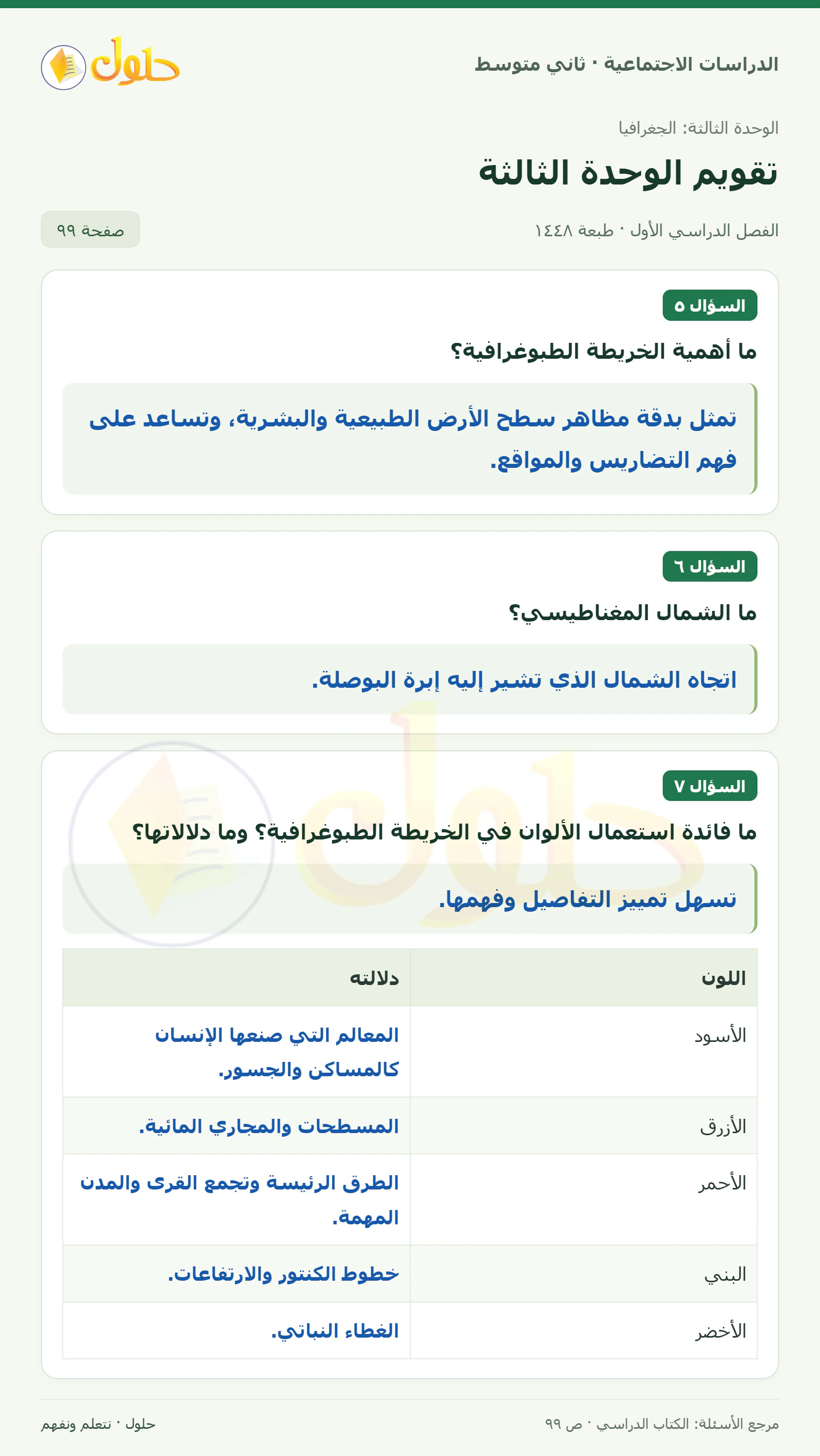 حل الدراسات الاجتماعية للصف الثاني المتوسط، الفصل الدراسي الأول، صفحة ٩٩، الجزء ١