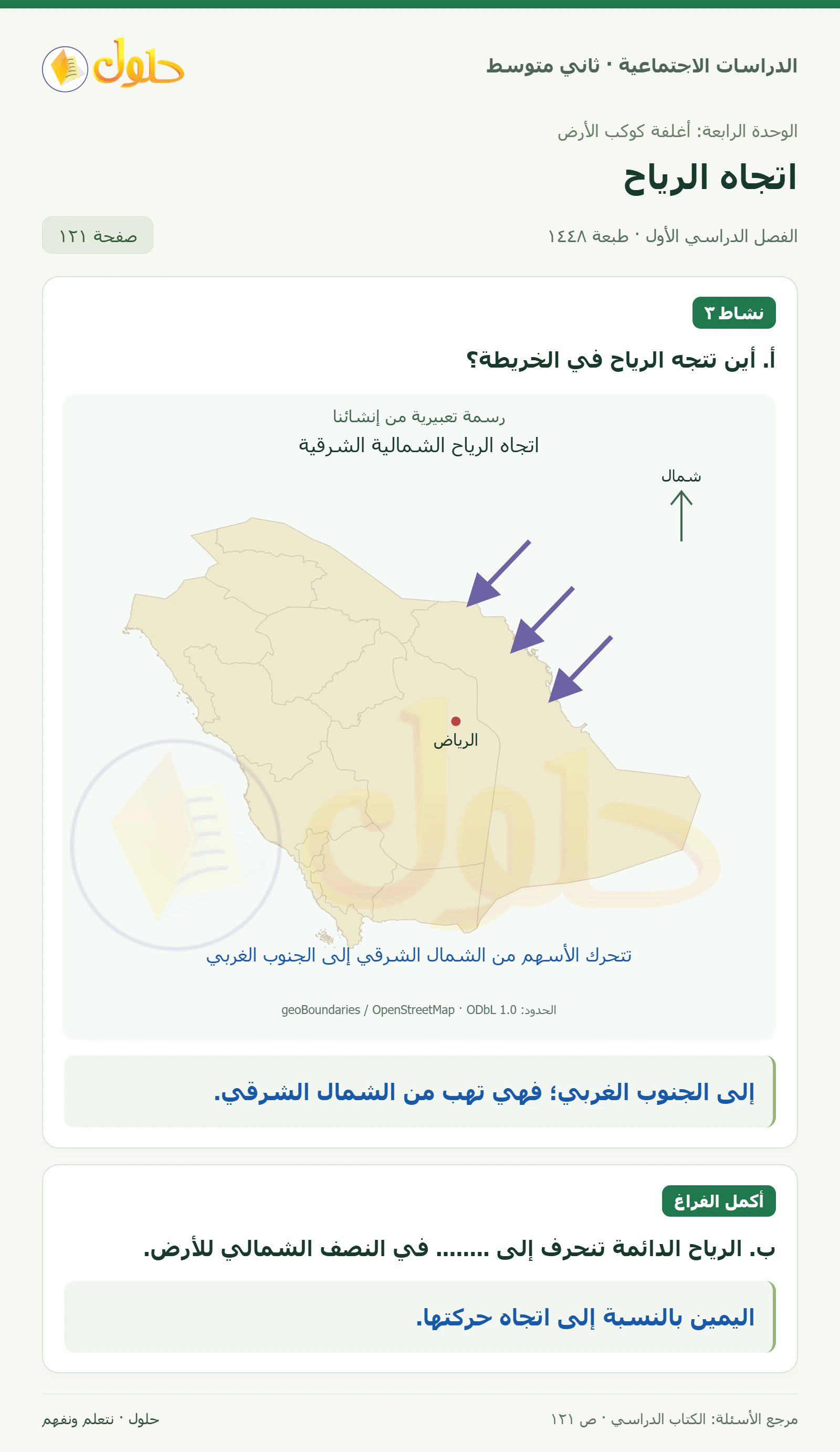 حل الدراسات الاجتماعية للصف الثاني المتوسط، الفصل الدراسي الأول، صفحة ١٢١، الجزء ١