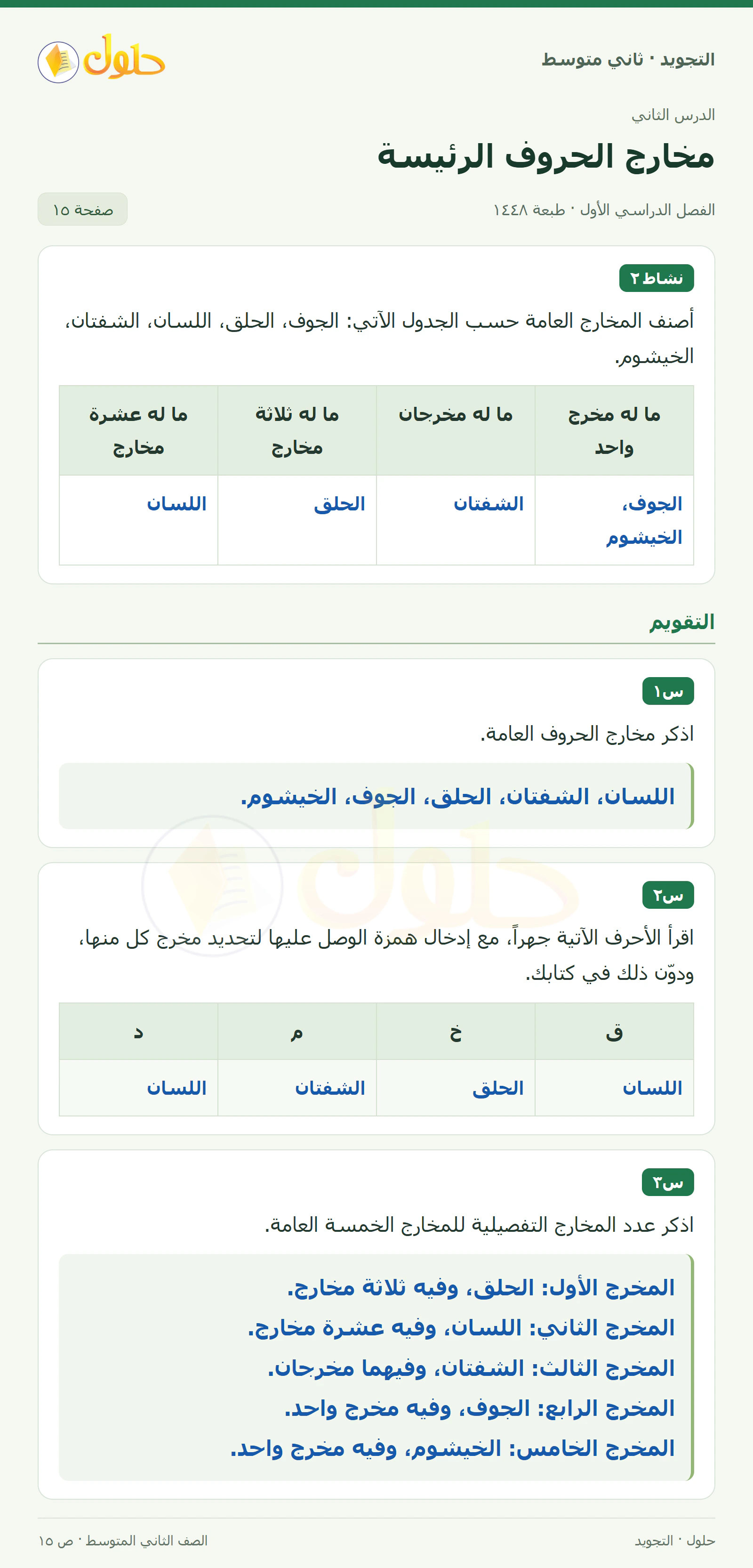 حل التجويد للصف الثاني المتوسط، الفصل الدراسي الأول، مخارج الحروف الرئيسة، صفحة ١٥، الجزء ١