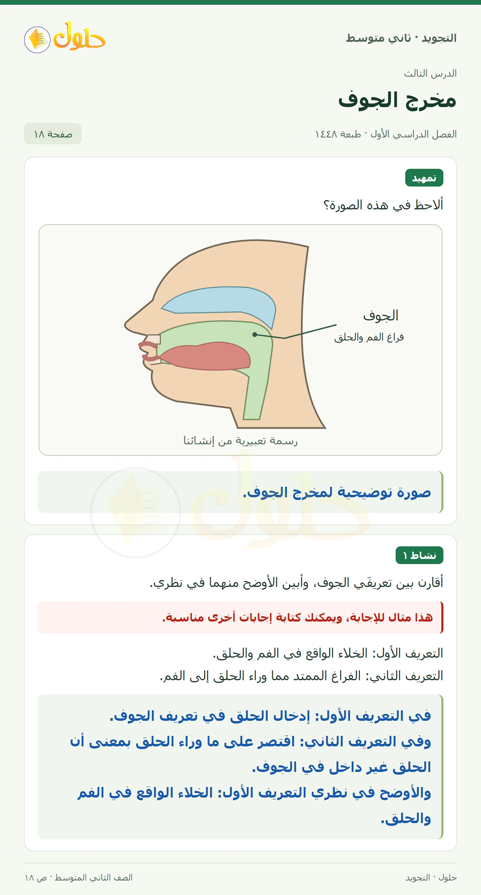 حل التجويد للصف الثاني المتوسط، الفصل الدراسي الأول، مخرج الجوف، صفحة ١٨، الجزء ١