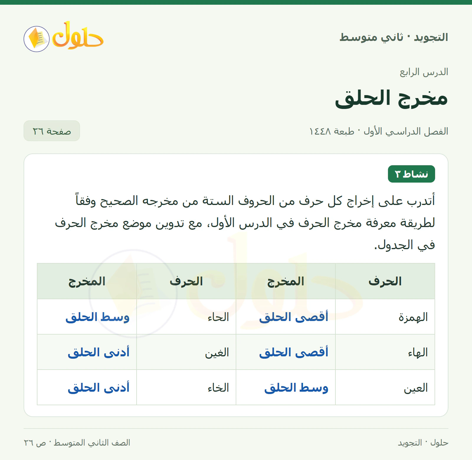 حل التجويد للصف الثاني المتوسط، الفصل الدراسي الأول، مخرج الحلق، صفحة ٢٦، الجزء ١
