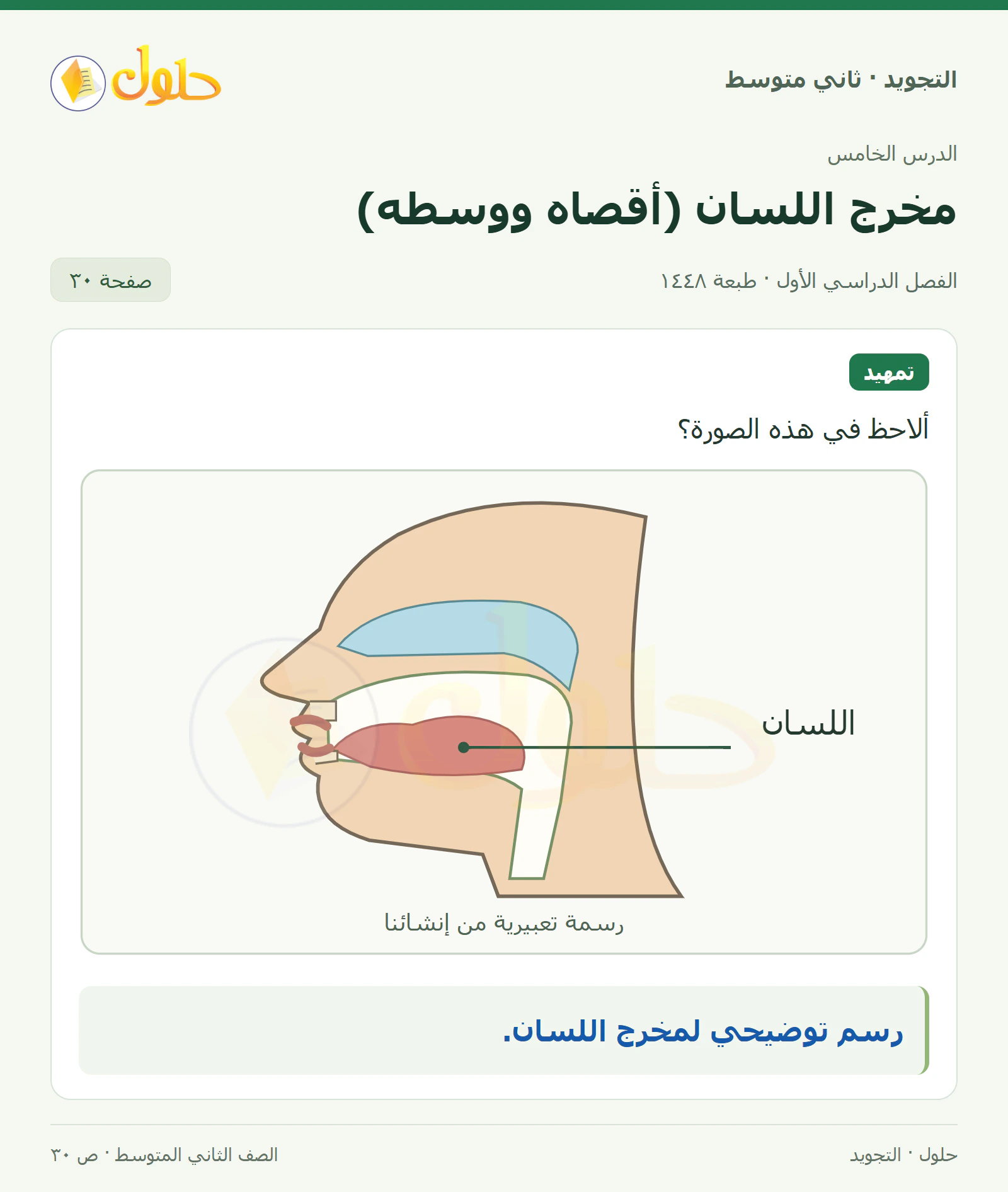 حل التجويد للصف الثاني المتوسط، الفصل الدراسي الأول، مخرج اللسان (أقصاه ووسطه)، صفحة ٣٠، الجزء ١
