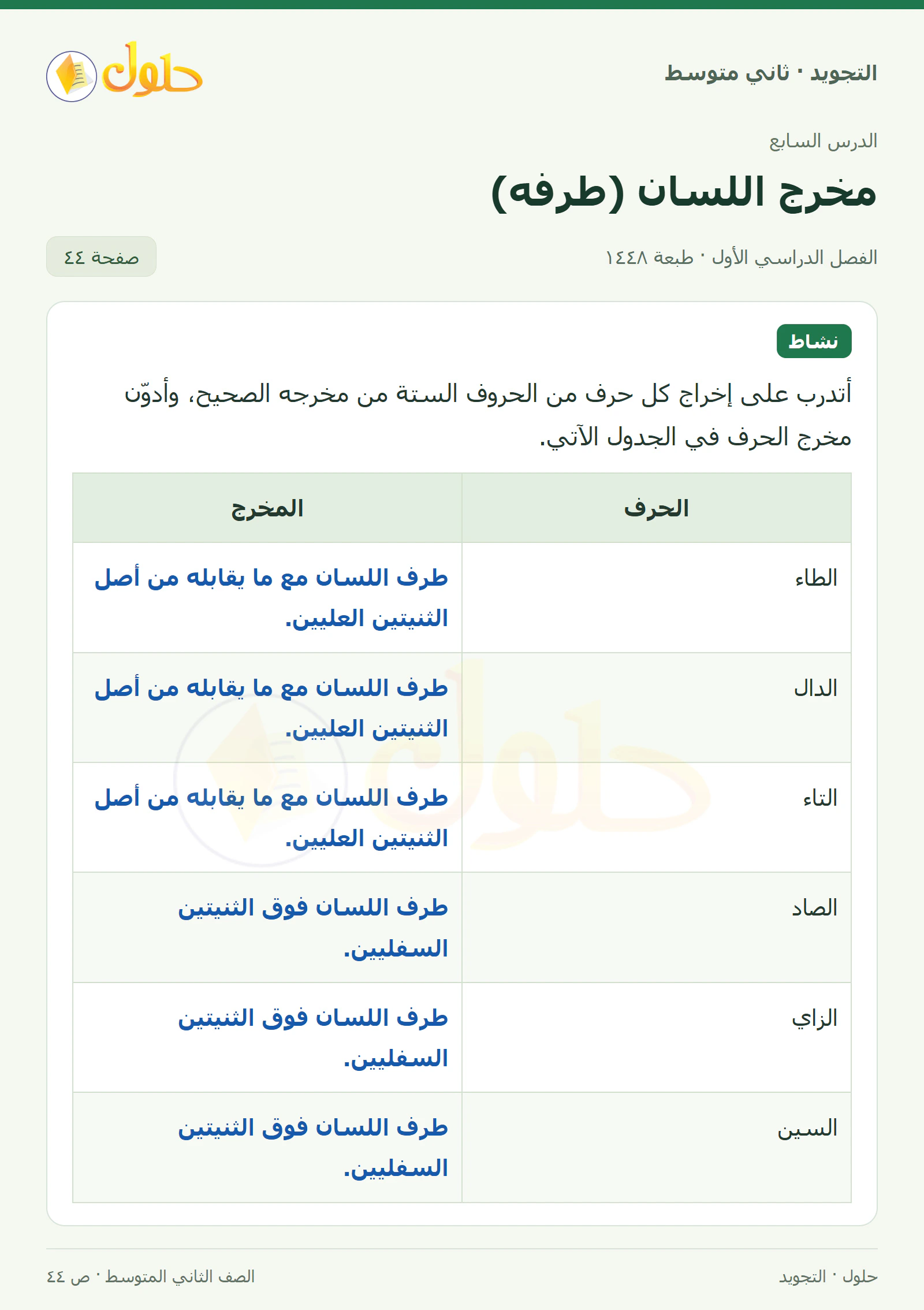 حل التجويد للصف الثاني المتوسط، الفصل الدراسي الأول، مخرج اللسان (طرفه)، صفحة ٤٤، الجزء ١