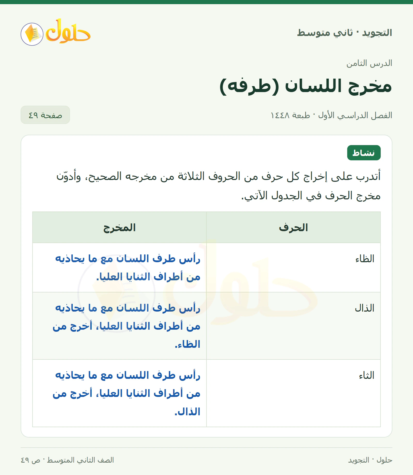 حل التجويد للصف الثاني المتوسط، الفصل الدراسي الأول، مخرج اللسان (طرفه)، صفحة ٤٩، الجزء ١