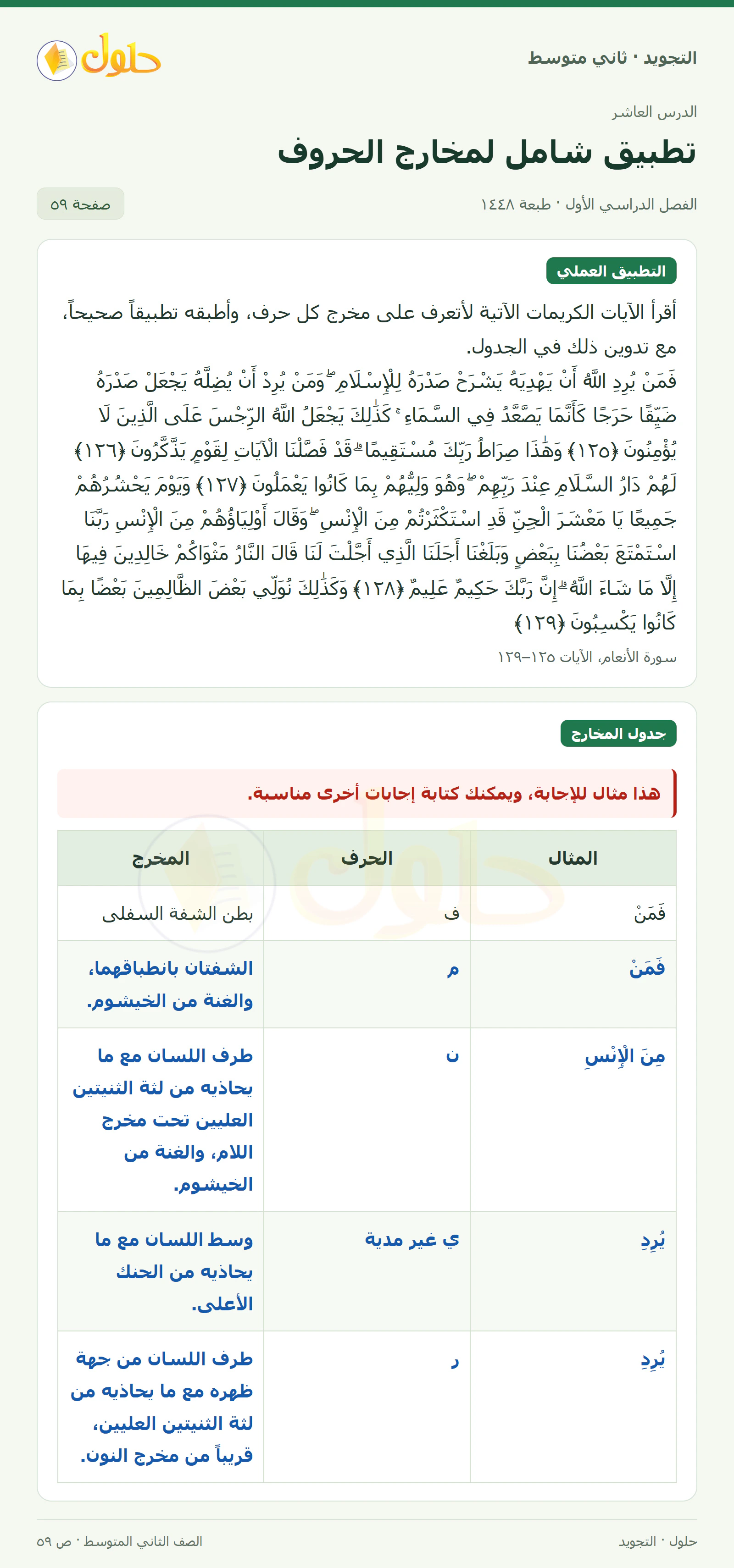 حل التجويد للصف الثاني المتوسط، الفصل الدراسي الأول، تطبيق شامل لمخارج الحروف، صفحة ٥٩، الجزء ١