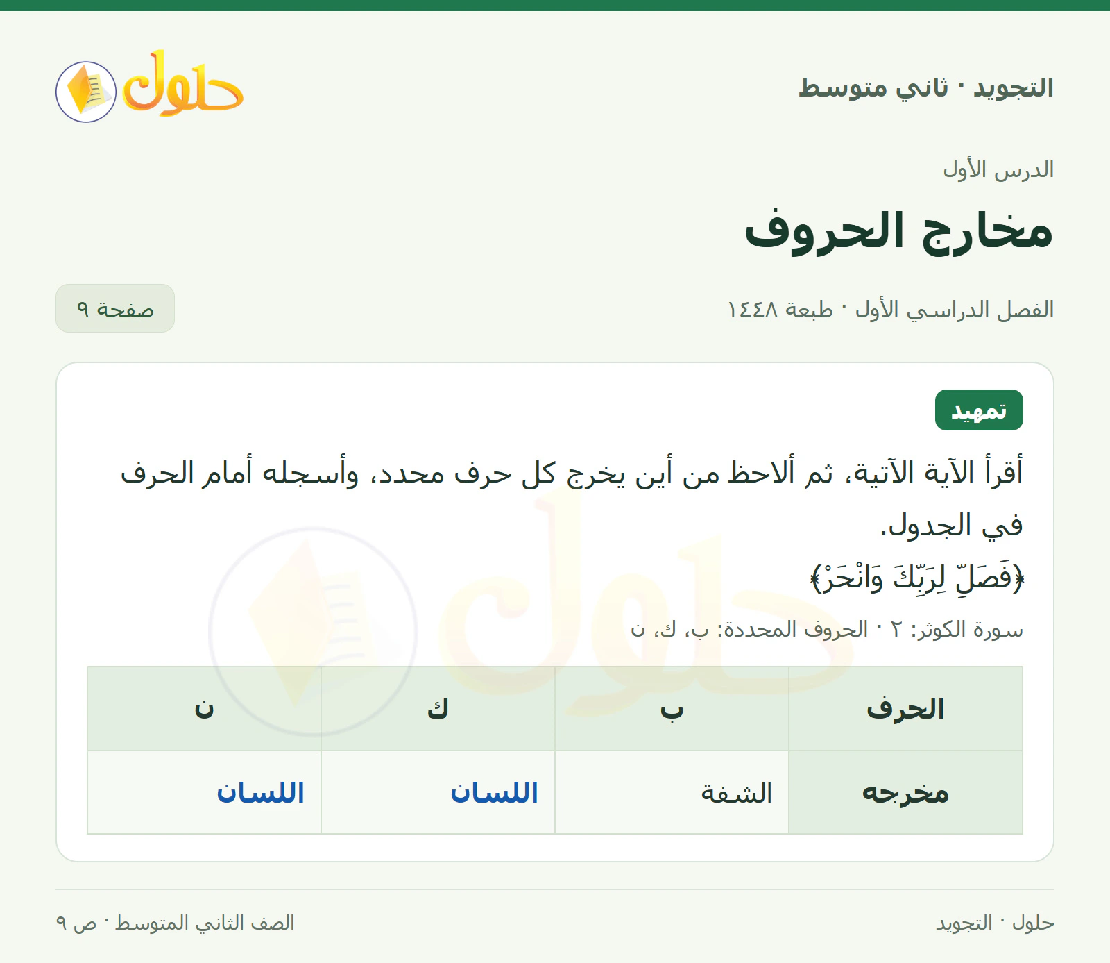 حل التجويد للصف الثاني المتوسط، الفصل الدراسي الأول، مخارج الحروف، صفحة ٩، الجزء ١