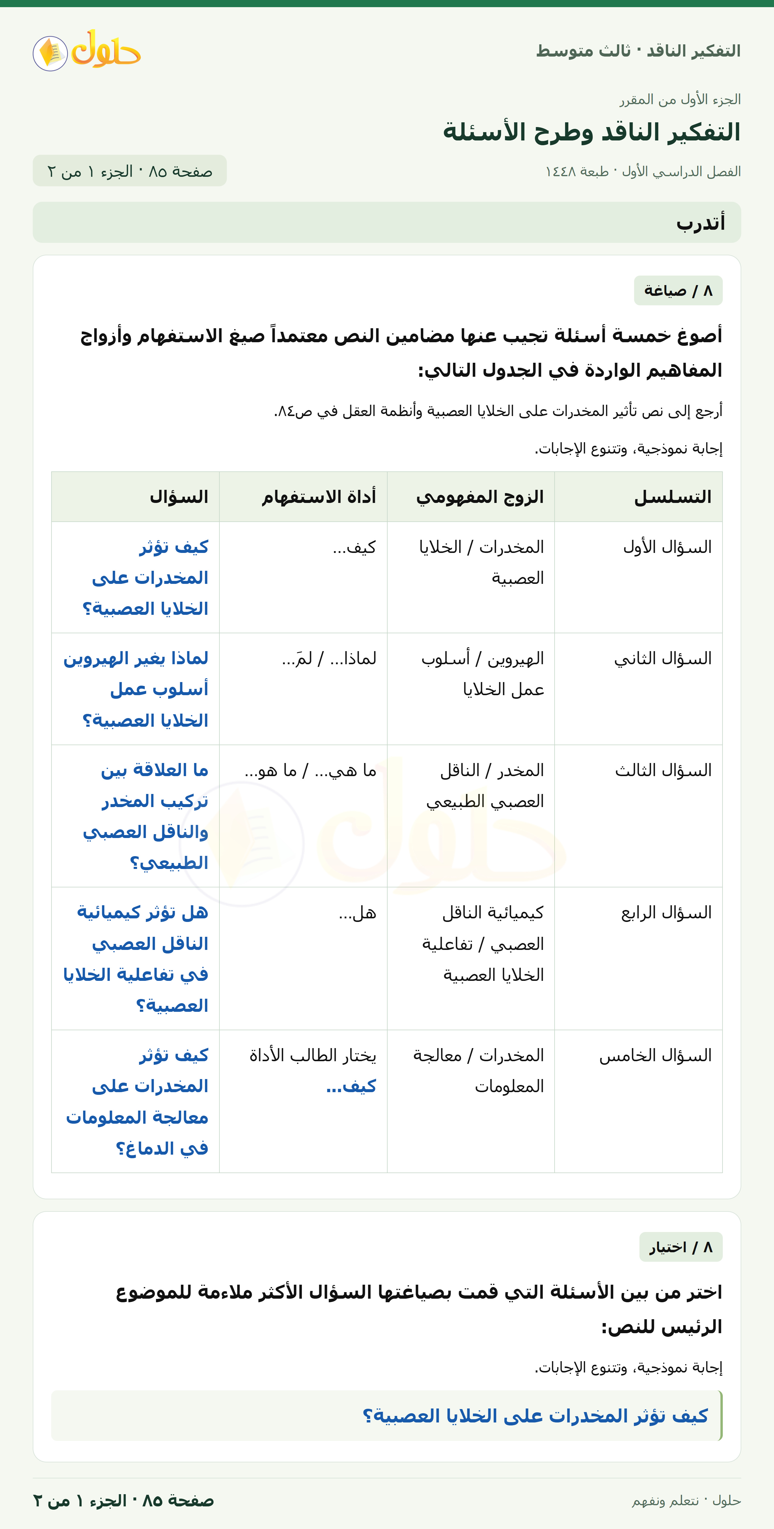 أتدرب — ٨: تأثير المخدرات على الخلايا العصبية وأنظمة العقل صفحة ٨٥ — الجزء ١