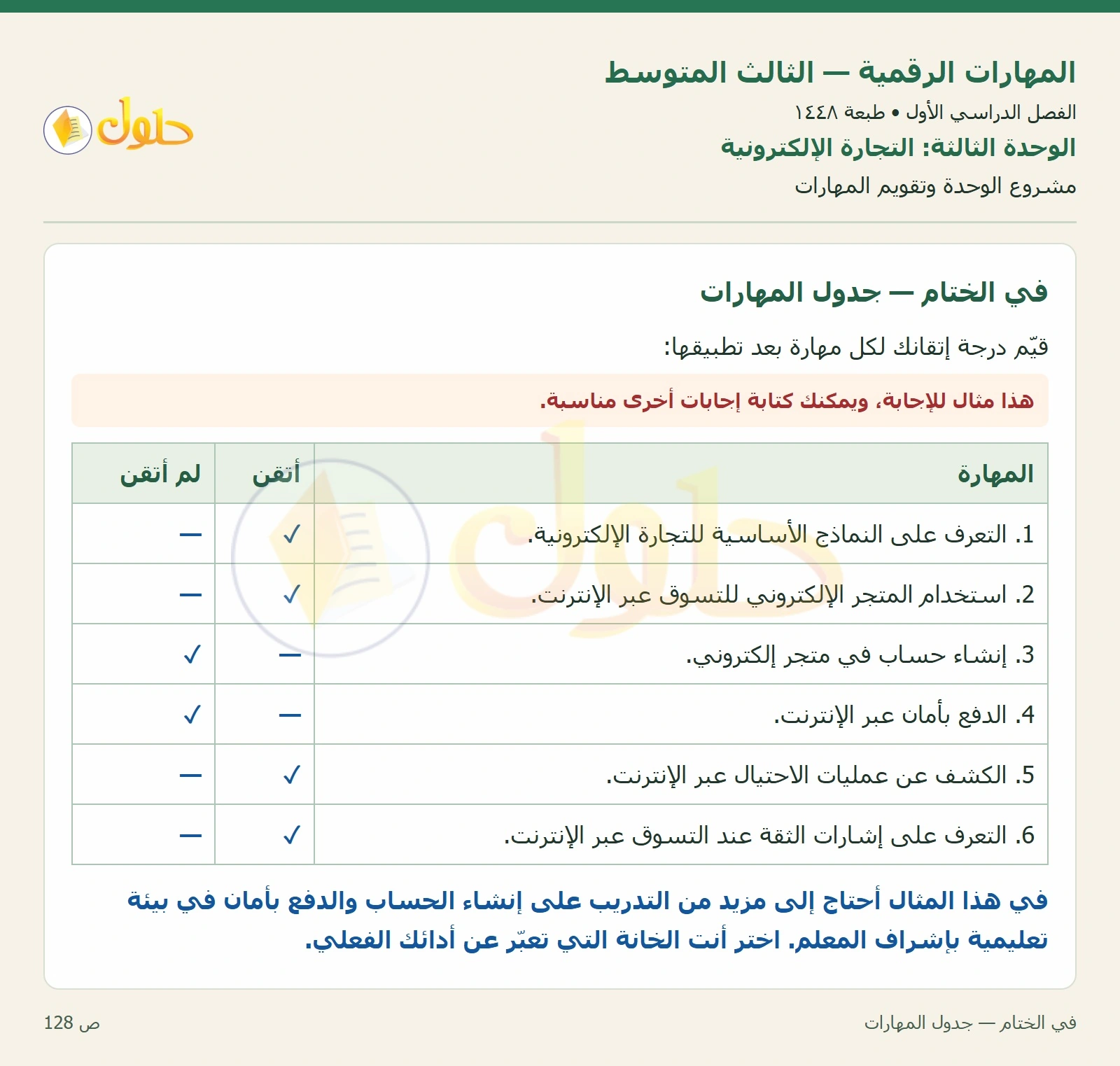 مشروع وتقويم المهارات صفحة ١٢٨