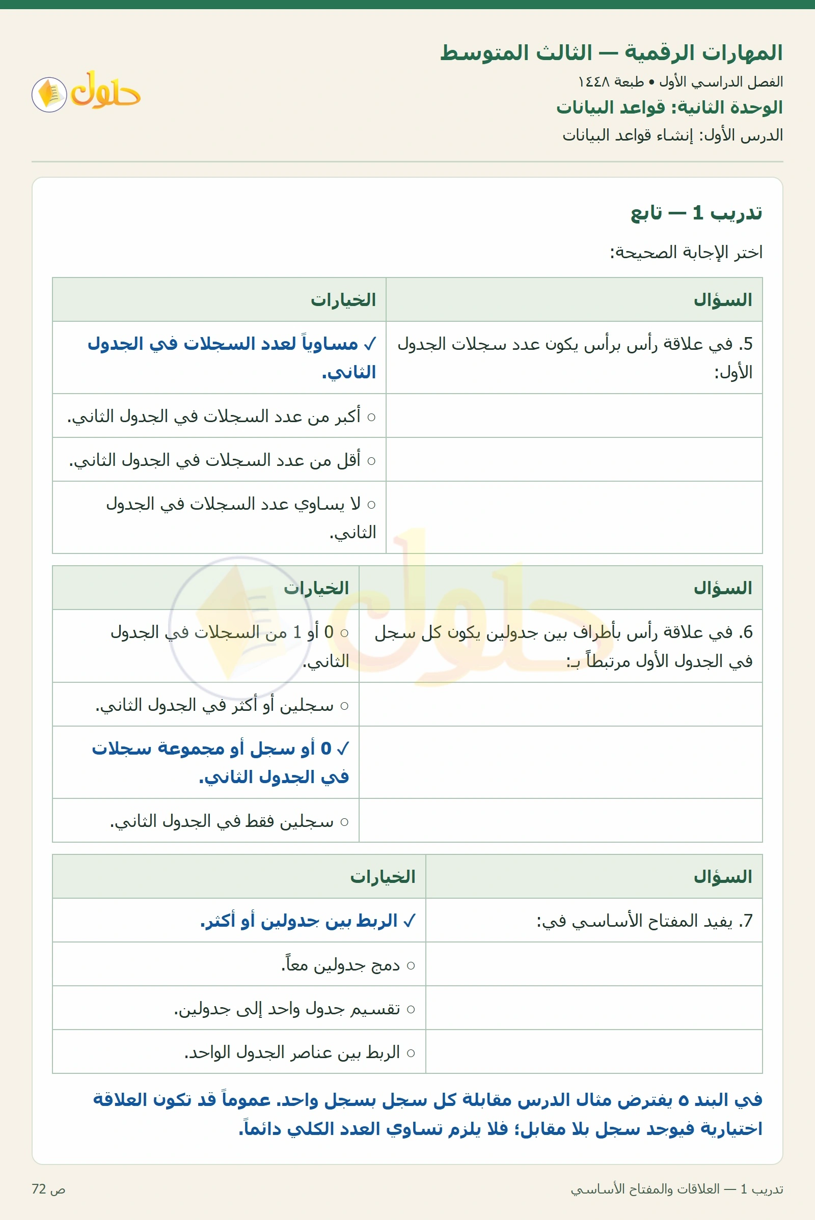 العلاقات والمفتاح الأساسي صفحة ٧٢