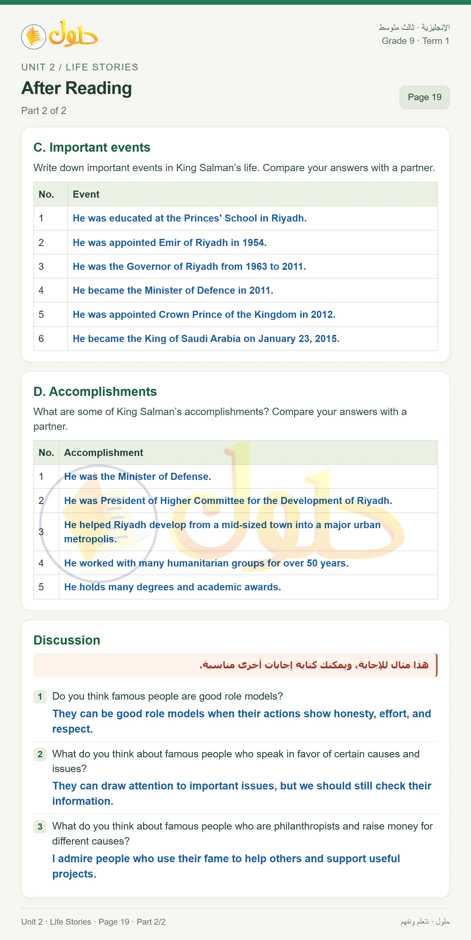 حل اللغة الإنجليزية للصف الثالث المتوسط صفحة ١٩ الجزء ٢