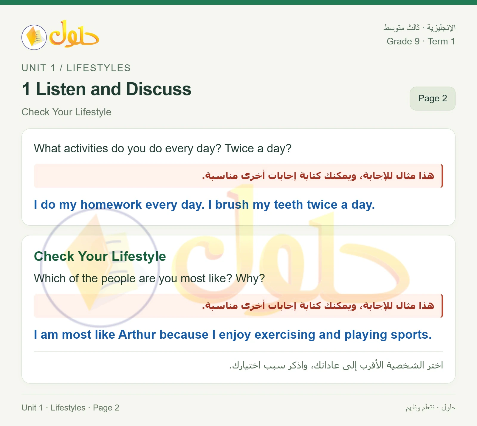 حل اللغة الإنجليزية للصف الثالث المتوسط صفحة ٢ الجزء ١