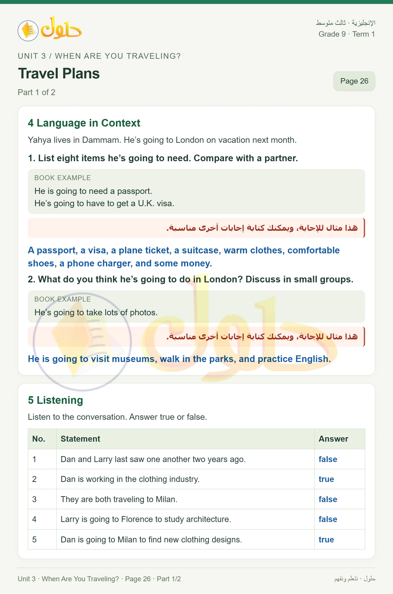 حل اللغة الإنجليزية للصف الثالث المتوسط صفحة ٢٦ الجزء ١