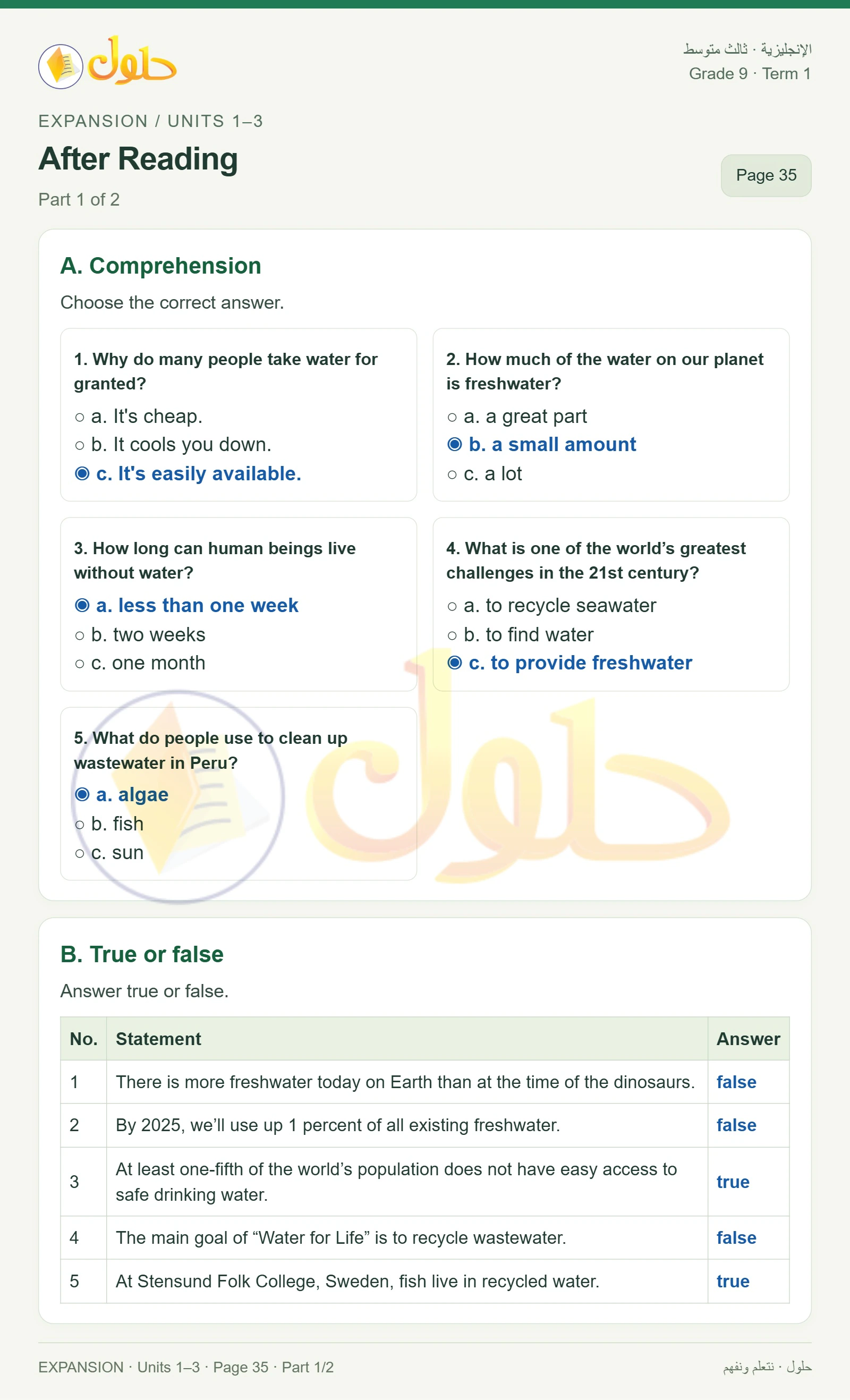 حل اللغة الإنجليزية للصف الثالث المتوسط صفحة ٣٥ الجزء ١