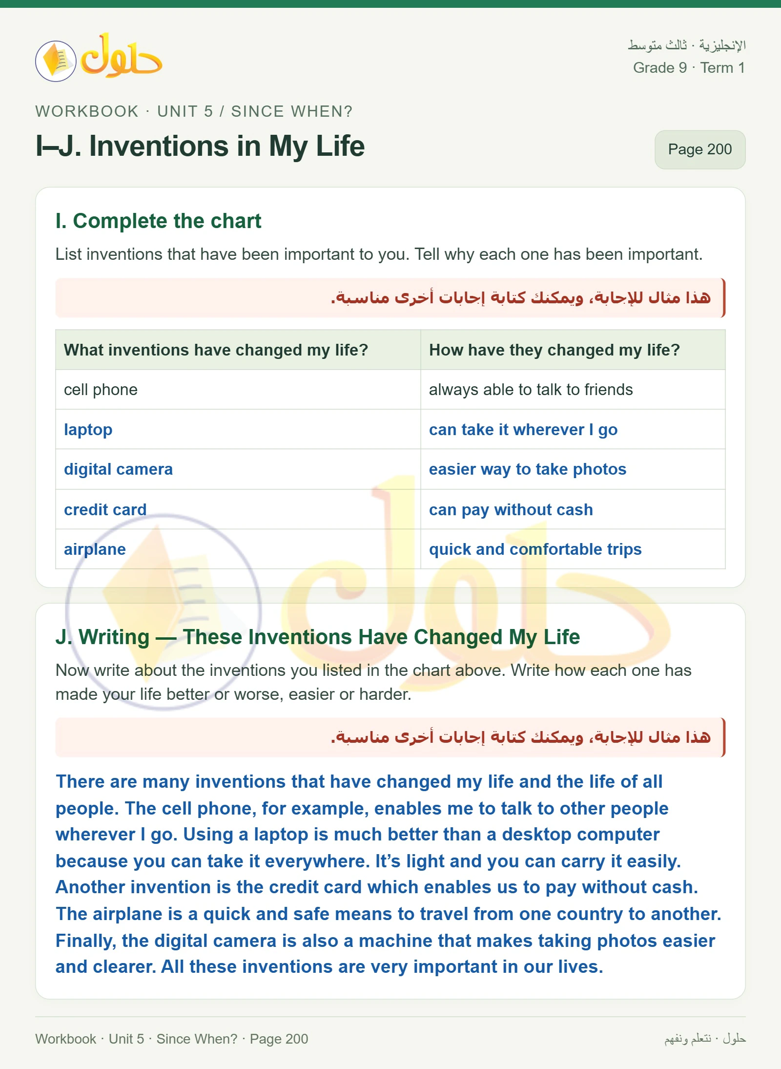 حل اللغة الإنجليزية للصف الثالث المتوسط صفحة ٢٠٠ الجزء ١