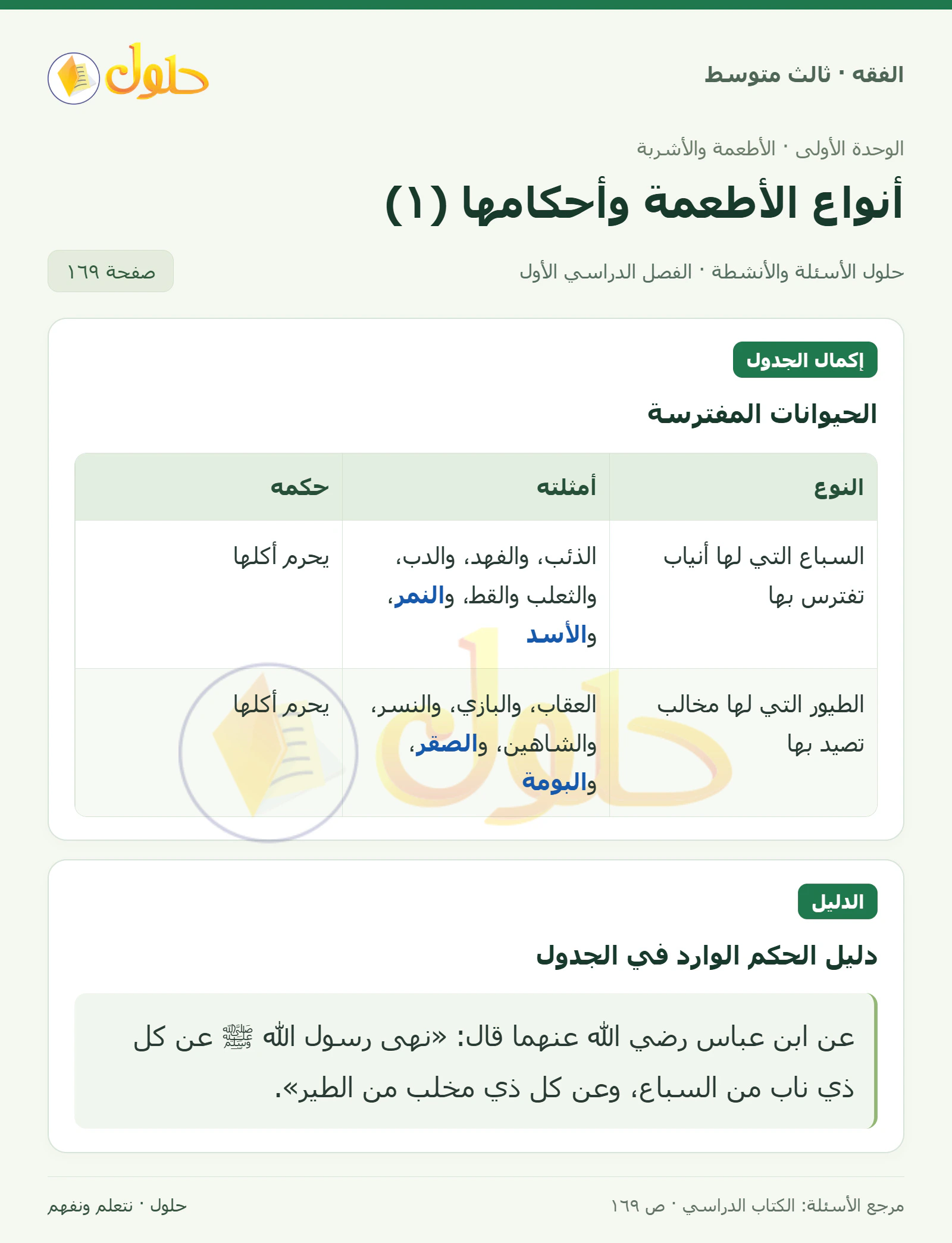 حل فقه ثالث متوسط، الفصل الدراسي الأول، صفحة ١٦٩، الجزء ١