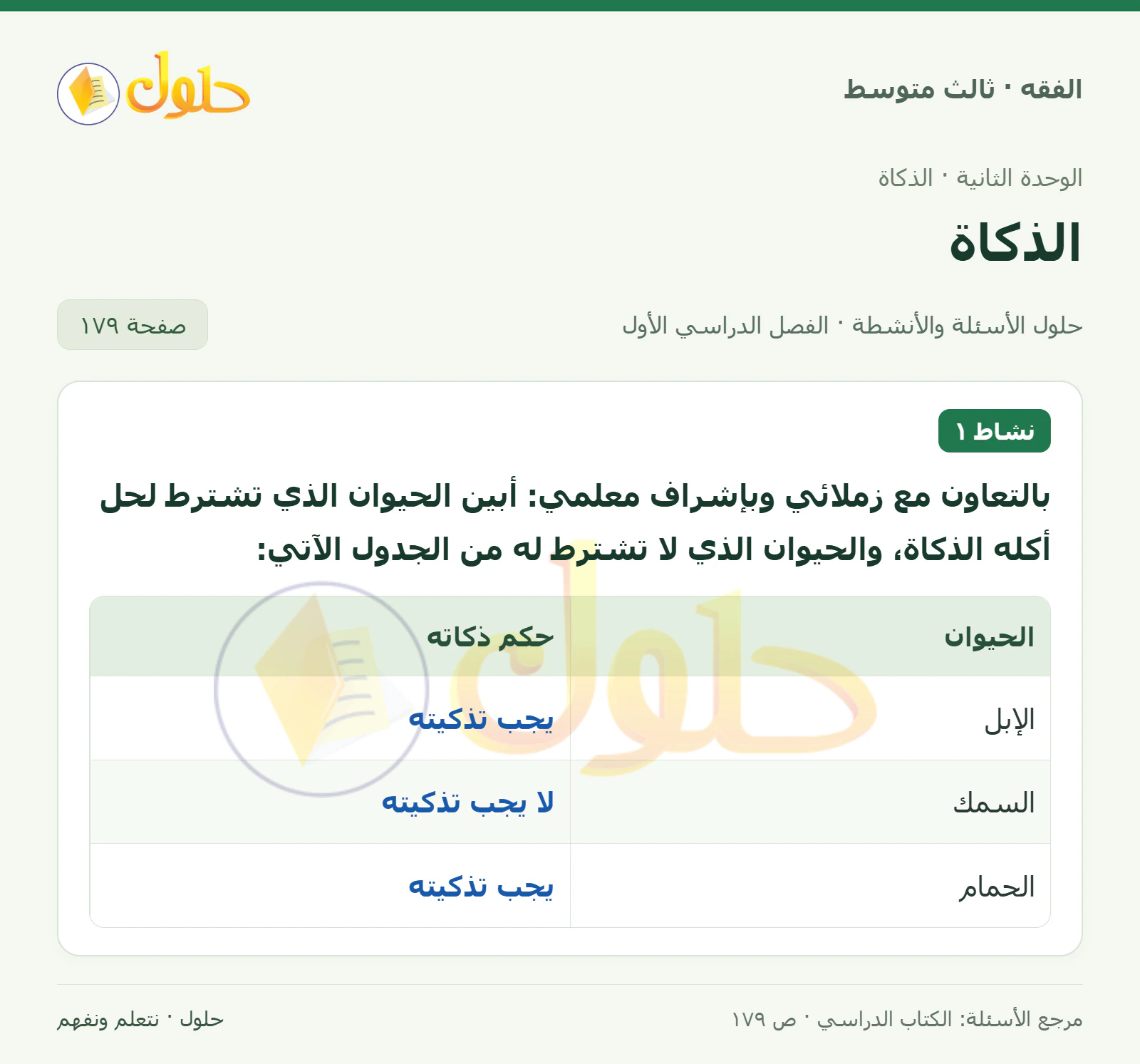 حل فقه ثالث متوسط، الفصل الدراسي الأول، صفحة ١٧٩، الجزء ١