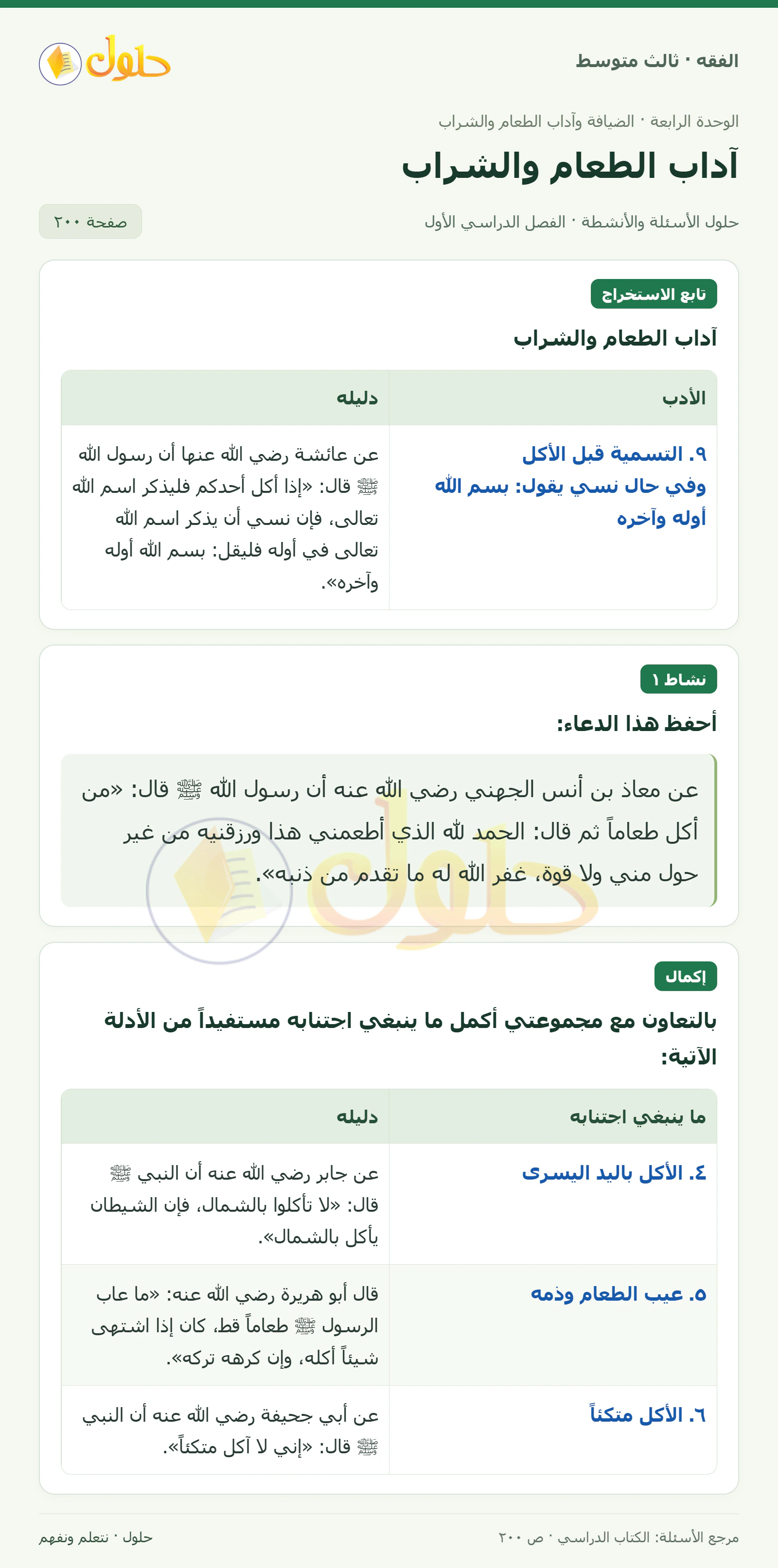 حل فقه ثالث متوسط، الفصل الدراسي الأول، صفحة ٢٠٠، الجزء ١