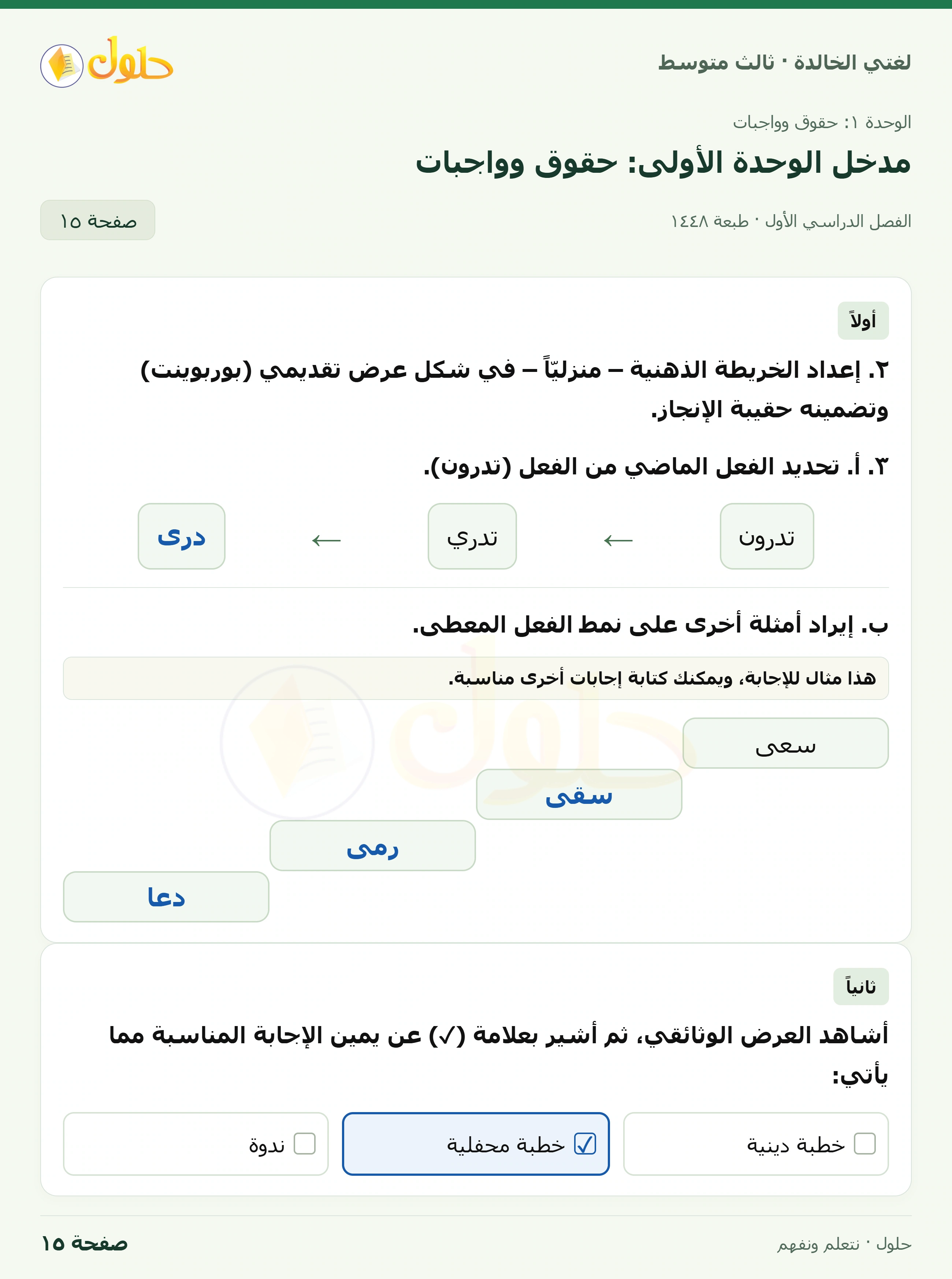 حل لغتي الخالدة للصف الثالث المتوسط صفحة 15 الجزء 1