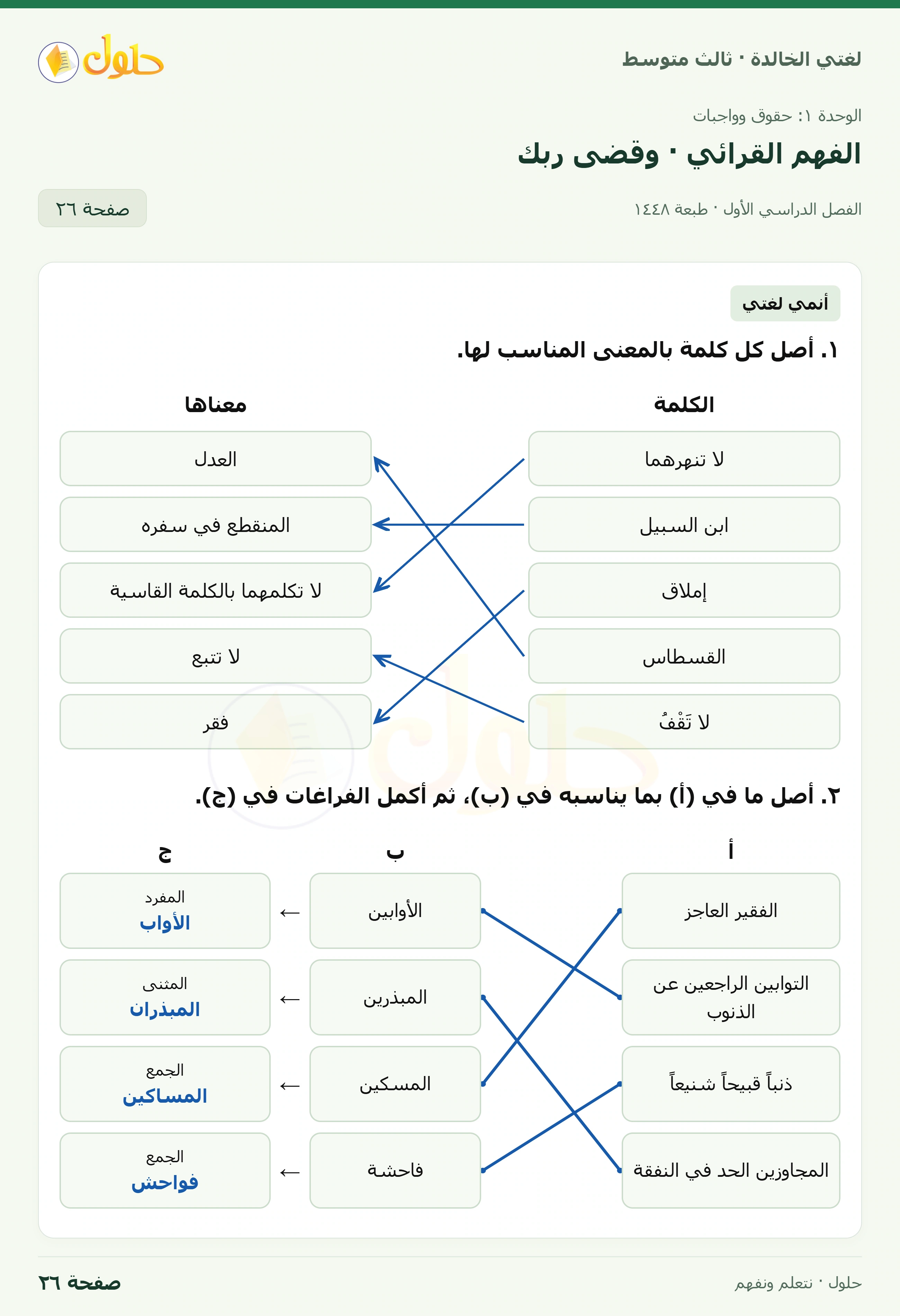 حل لغتي الخالدة للصف الثالث المتوسط صفحة 26 الجزء 1