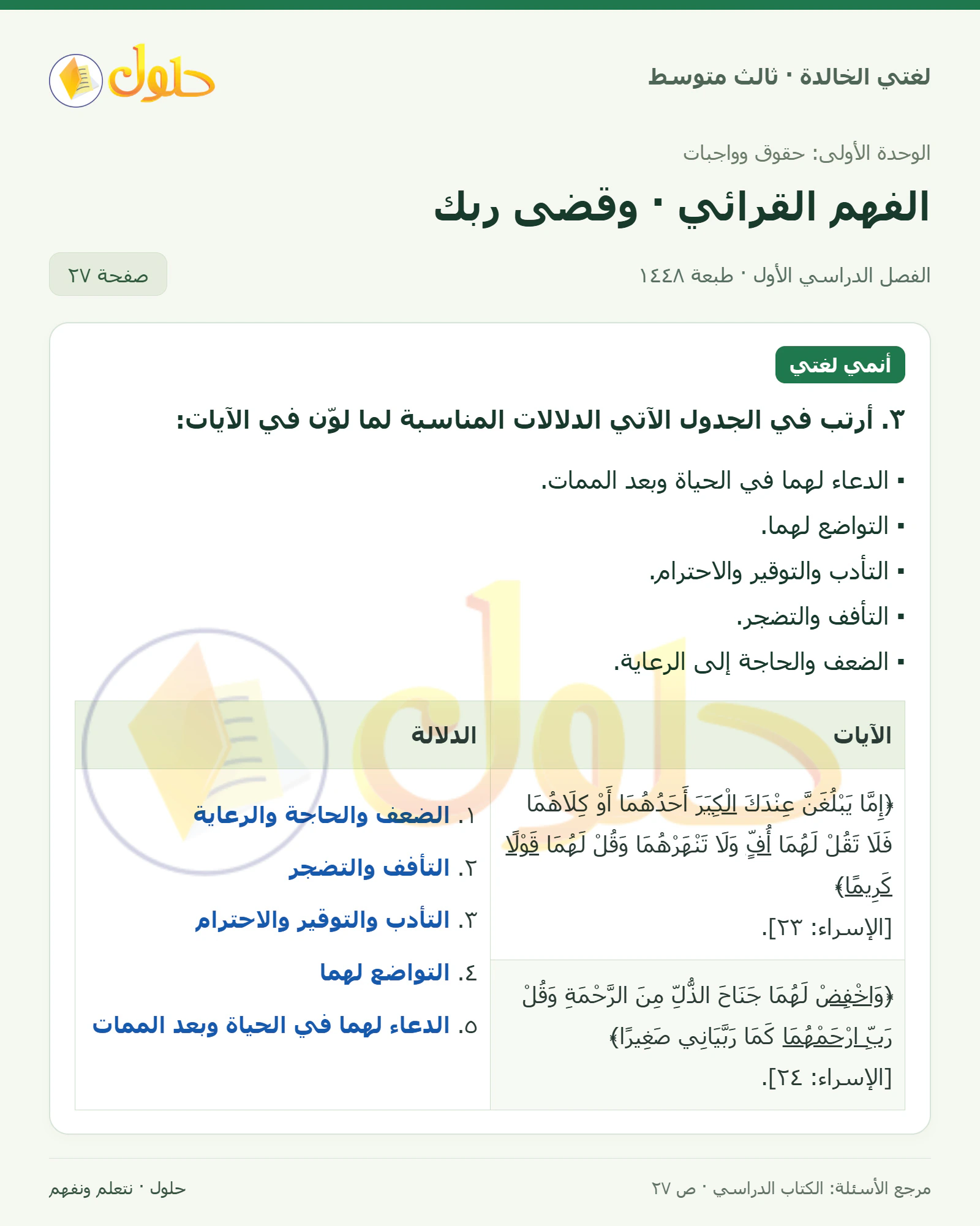 حل لغتي الخالدة للصف الثالث المتوسط صفحة 27 الجزء 1